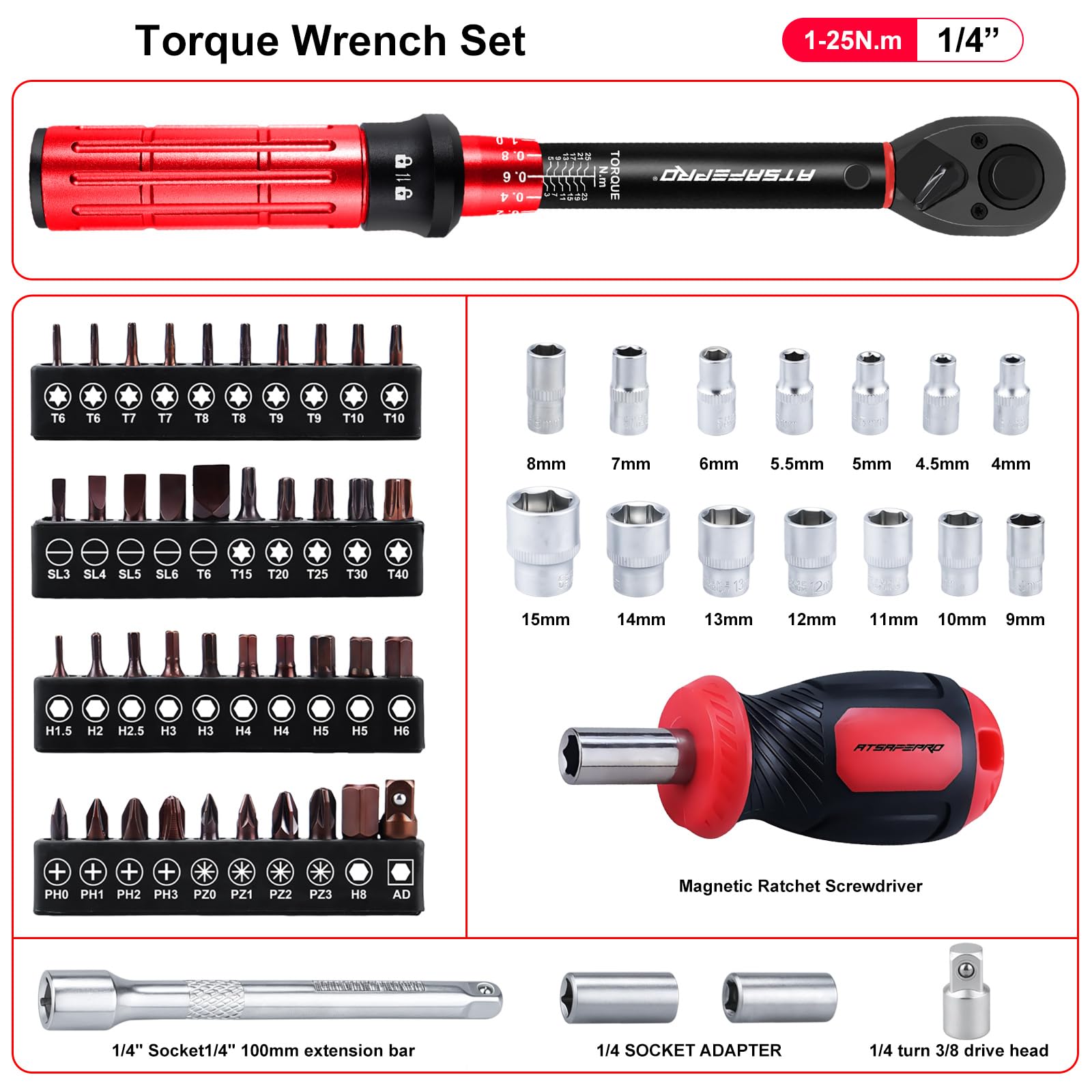ATsafepro Bike Torque Wrench Set 1/4 Inch,3-25Nm - Image 2