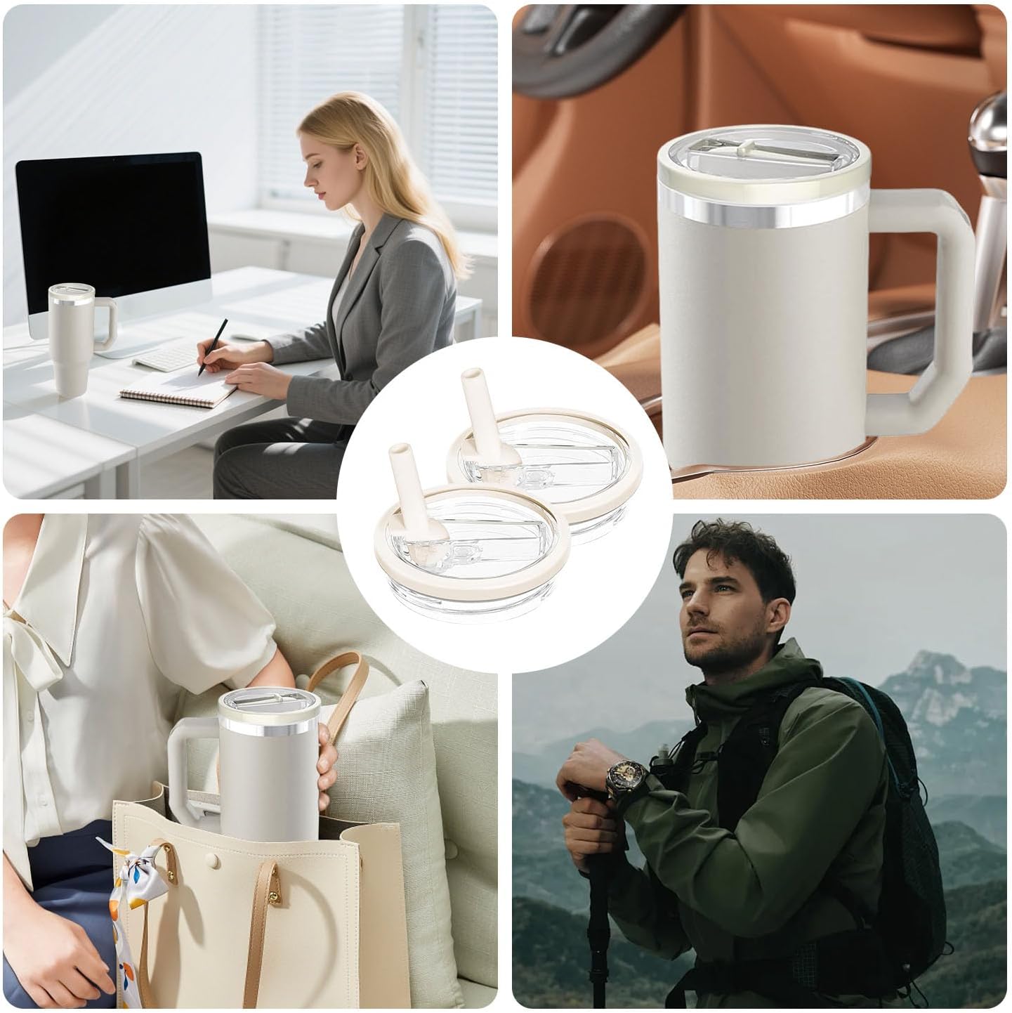 30 OZ Tumbler Lid Replacement Compatible with Stanley Quencher, 2 Pack Spill Proof Flip Straw Lids, Leakproof Top Cover Compatible for Stanley Cup Accessories, Cream 2pcs - Image 8