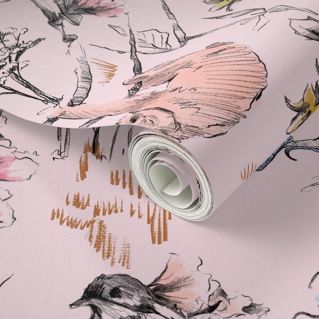Peel & Stick Wallpaper 6ft x 2ft - Jungle Pink Monkey Sloth Tiger Cheetah Tropical Animal Bird Floral Custom Removable Wallpaper by Spoonflower