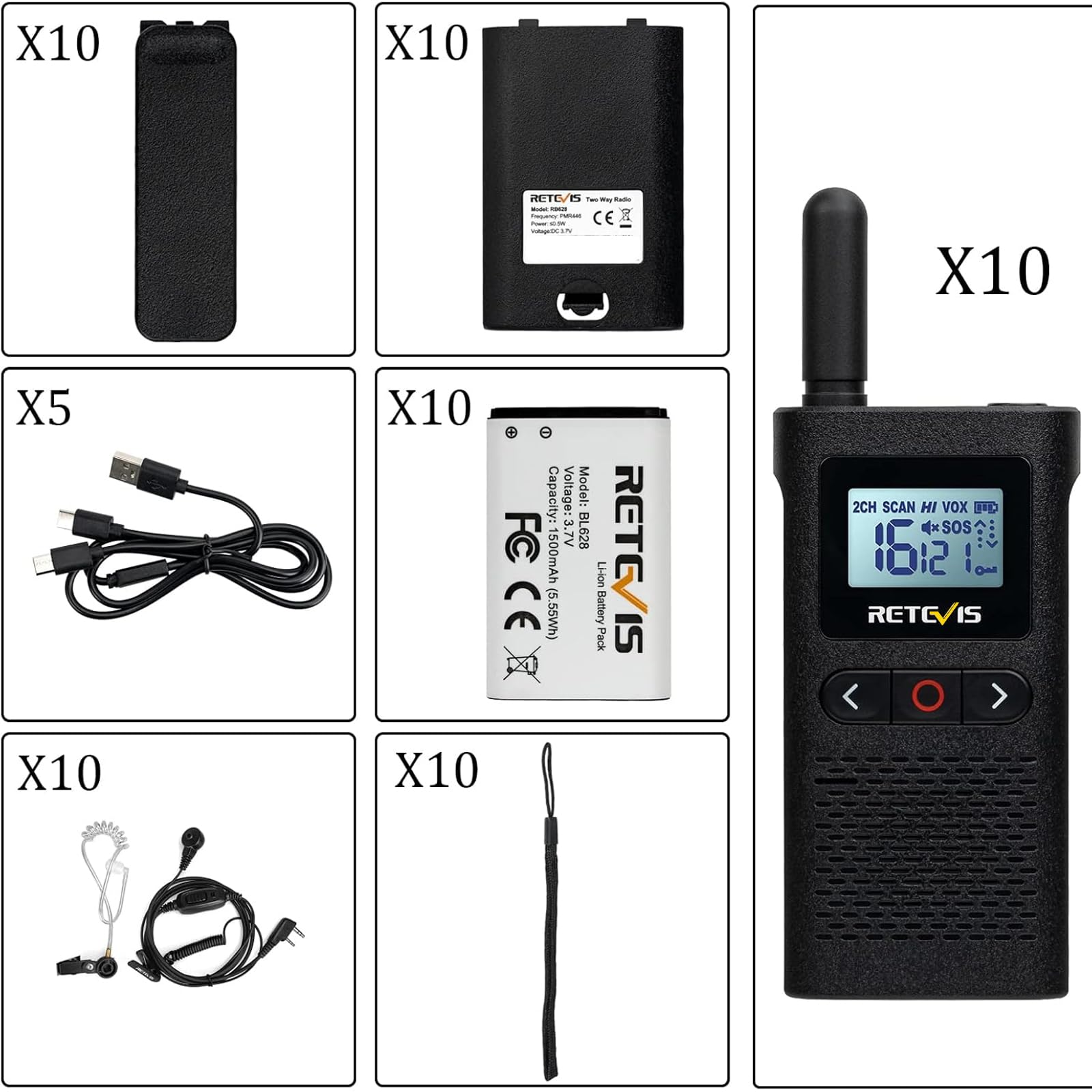 Retevis RB628 Walkie Talkie, PMR446 Mini Walkie-Talkie Professionali 1500mAh, Schermo LCD VOX, 1500mAh Ricetrasmittenti Ricaricabili con Auricolare per Scuola, Hotel, Ristoranti (10PZ, Nero)
