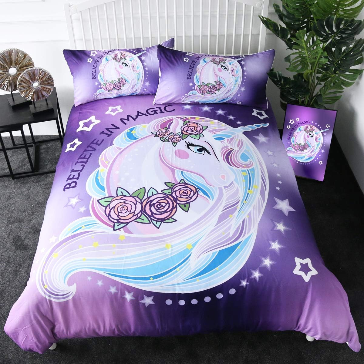 Sleepwish Unicorn Bed Set Purple Aqua Unicorn Bedding Set for Girls Queen Size Kids Rose Unicorn Flower Duvet Cover 3 Piece Dreamy Cartoon Sparkle Lilac Unicorn Bedspread
