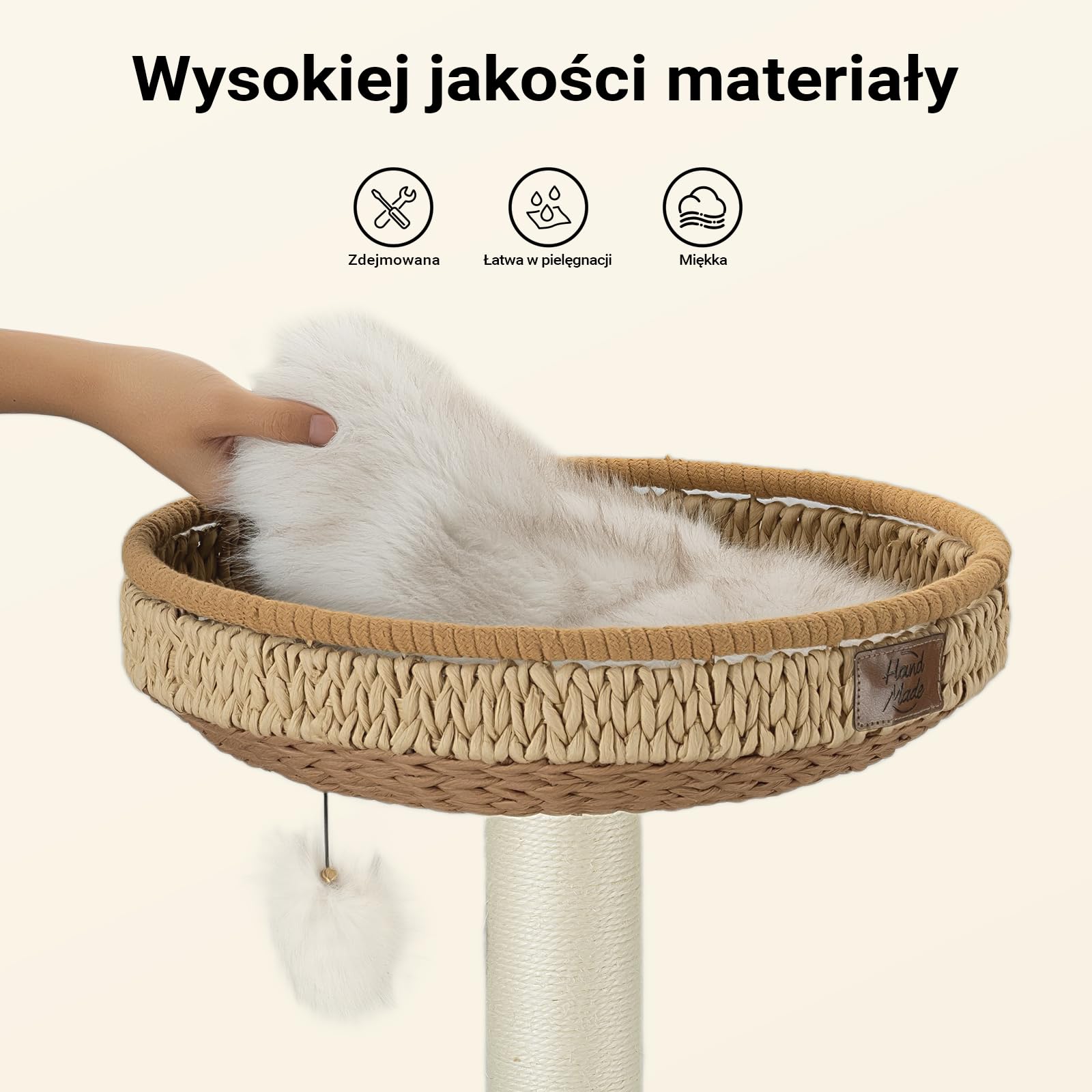 Fudajo Forest Lodge drapak o wysokości 168 cm w kolorze beżowym, drapak z domkiem dla kota, legowiskiem, hamakiem, przezroczystą wnęką do leżenia oraz słupkami do drapania z papierowej liny