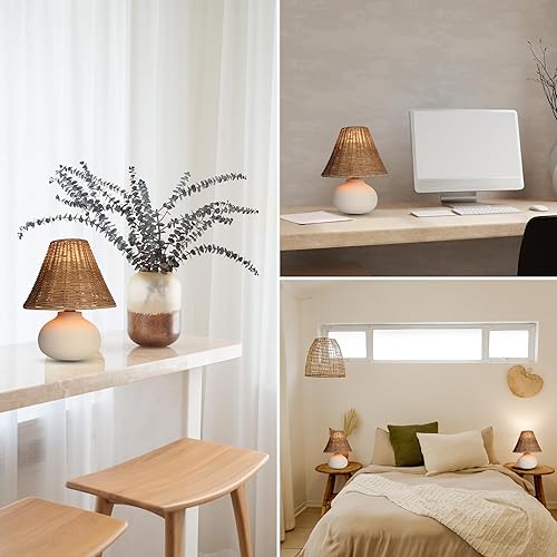 Miniatura 8 de Lámpara de mesa pequeña de 11 pulgadas, base de cerámica crema hecha a mano con pantalla de mimbre de ratán, luz regulable para mesita de noche