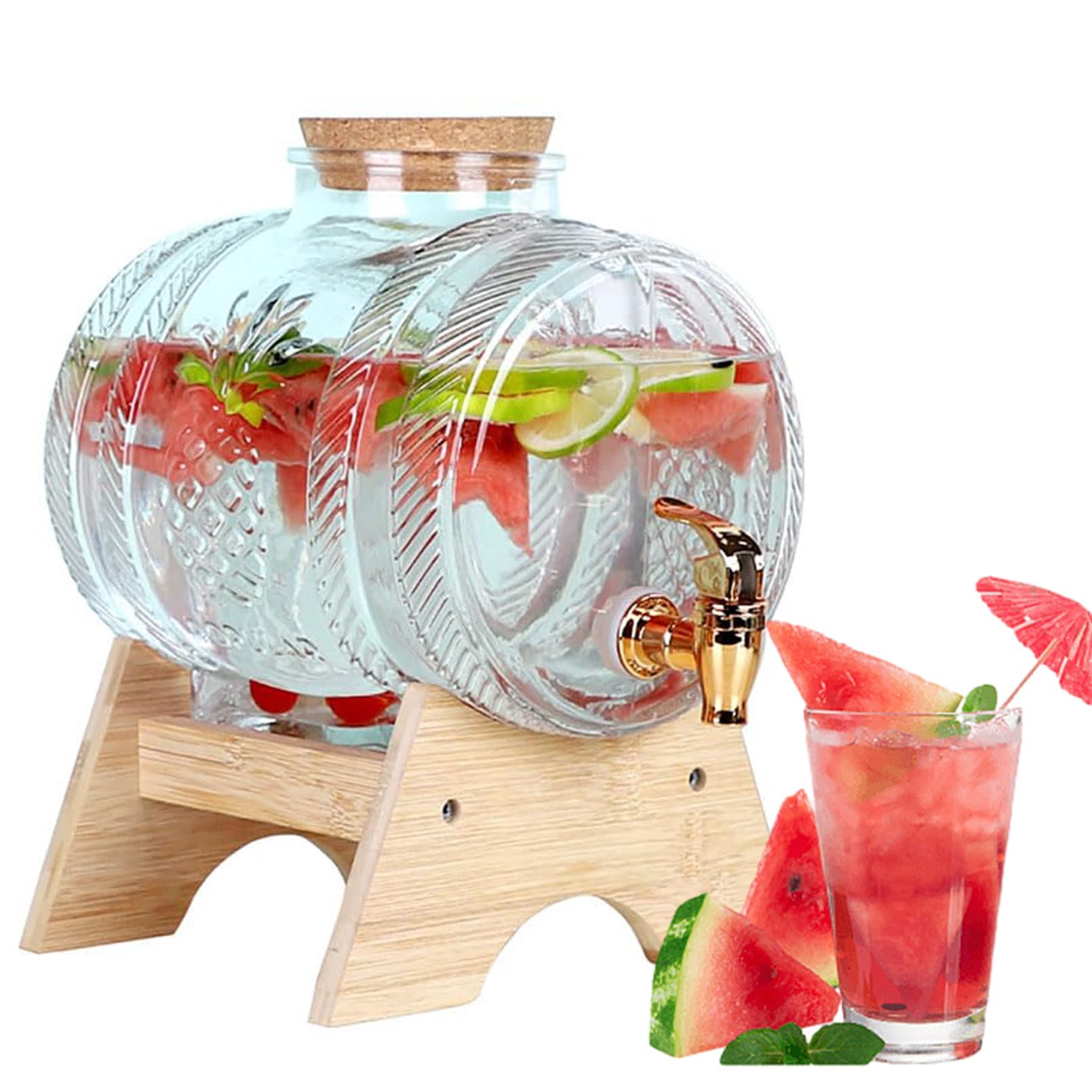 HLGKBY 5L Glass Water Dispenser with Tap Stand, 100% Leak Proof Beverage Dispenser Clear Glass Jars Wooden Caps Drink Dispenser BPA-free Glass Bottles for Office Camping Juice Drinks Container 5L