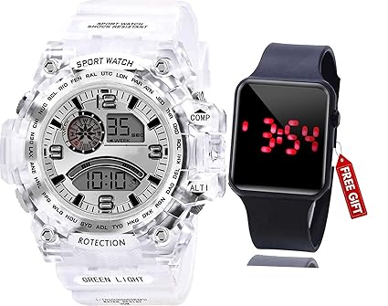 Acnos Brand - A Digital Watch with Square LED Shockproof Multi-Functional Automatic 5 Color Dial White Strap Waterproof Digital Sports Watch for Mens Kids Watch for Boys - Watch for Men