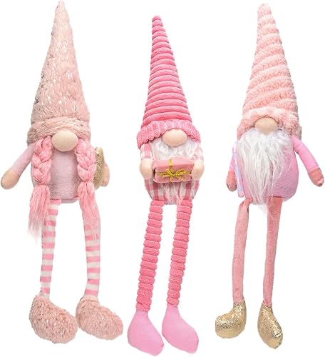 Gnomos de Navidad rosados, decoración de elfo de felpa, 3 piezas hechas a mano de Navidad largas con patas colgantes de invierno, para árbol de