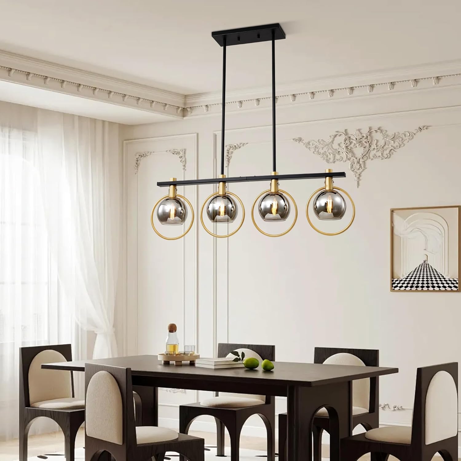 Gold Black Chandelier Modern Dining Room Light Fixture 4-Light Kitchen Island Lighting Hanging for Farmhouse Linear Chandeliers Mid Century Chandelier with Smoke Glass Globe Shade