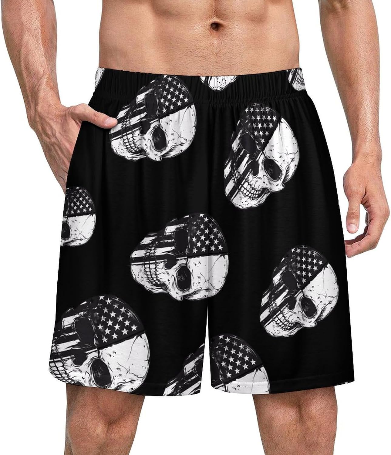 Am-erican Flag Skull Skeleton Mens Pajama Shorts Sleep Lounge Shorts Pj Bottoms with Pockets