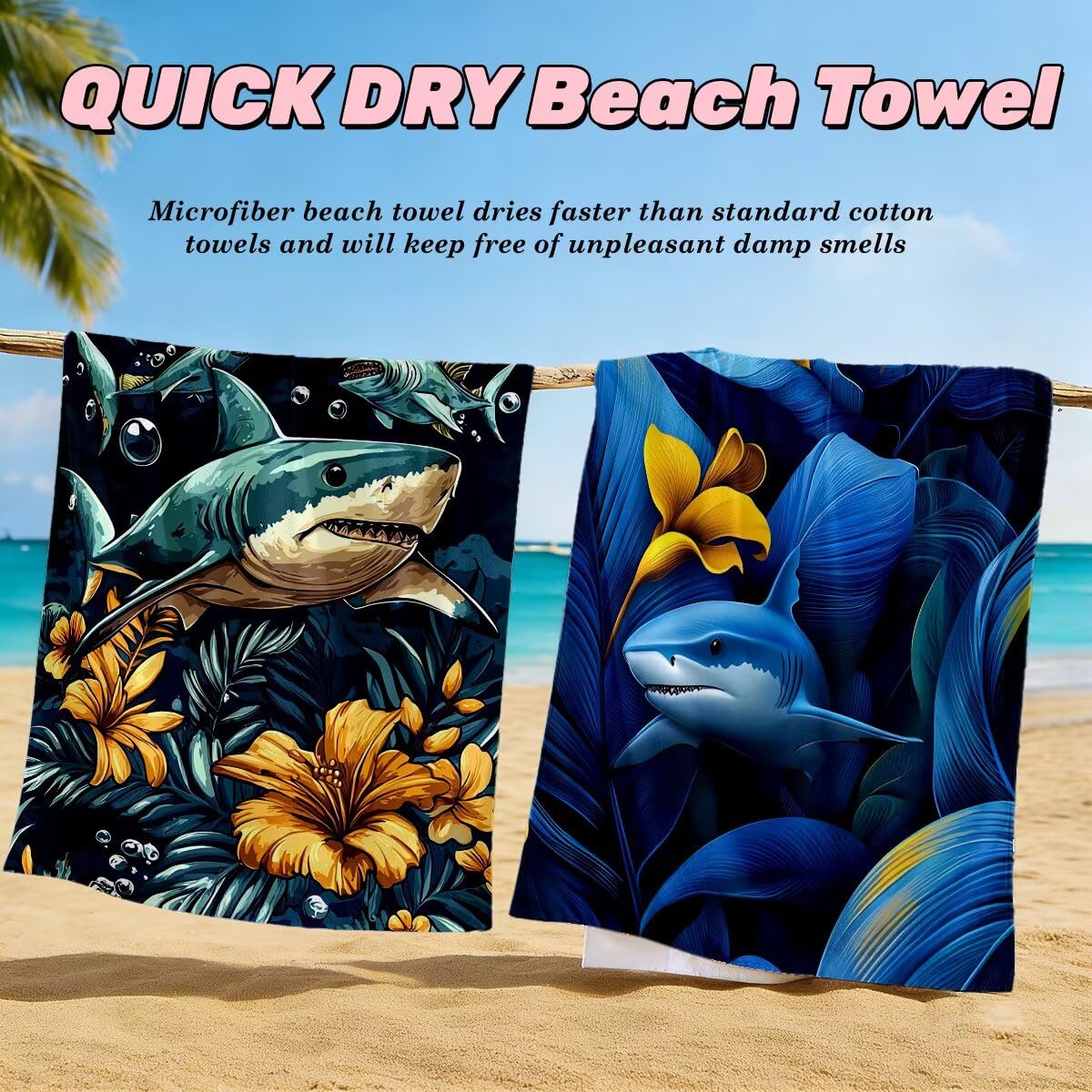 Toalla Playa 100x220 cm, Toalla Gimnasio Microfibra Secado Rapido, Juego de 2 Antiarena Toallas de Playa, Ligera Compacta Toallas Microfibra Grande para Viaje, Regalo Hombre Mujer (Tiburón) -5093