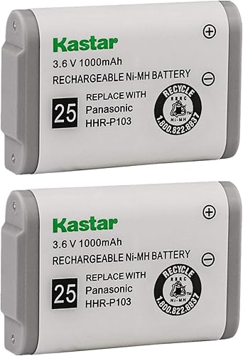 Kastar HHR-P103 Batería (paquete de 2), tipo 25, batería recargable NI-MH de 3.6 V 1000 mAh, repuesto para teléfono inalámbrico Panasonic HHR-P103