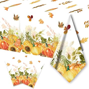 PARSUP 3PCS Thanksgiving Disposable Tablecloth Party Supplies, 108 54 inch, Autumn Theme Pumpkin Maple Leaves Tablecloth Plastic Waterproof Tablecover Decorations