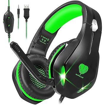 Gaming Headphones with Microphone,Professional Low Noise Headphones Over Ear Isolation One Key Mute Headphones Led Light for Pc Ps5 Ps4 Xbox One (Black-Green)