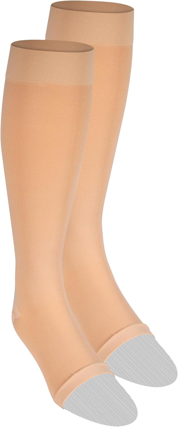 NuVein Medical Compression Stockings, 30-40 mmHg Support, Women & Men Knee Length, Open Toe, Beige, Large