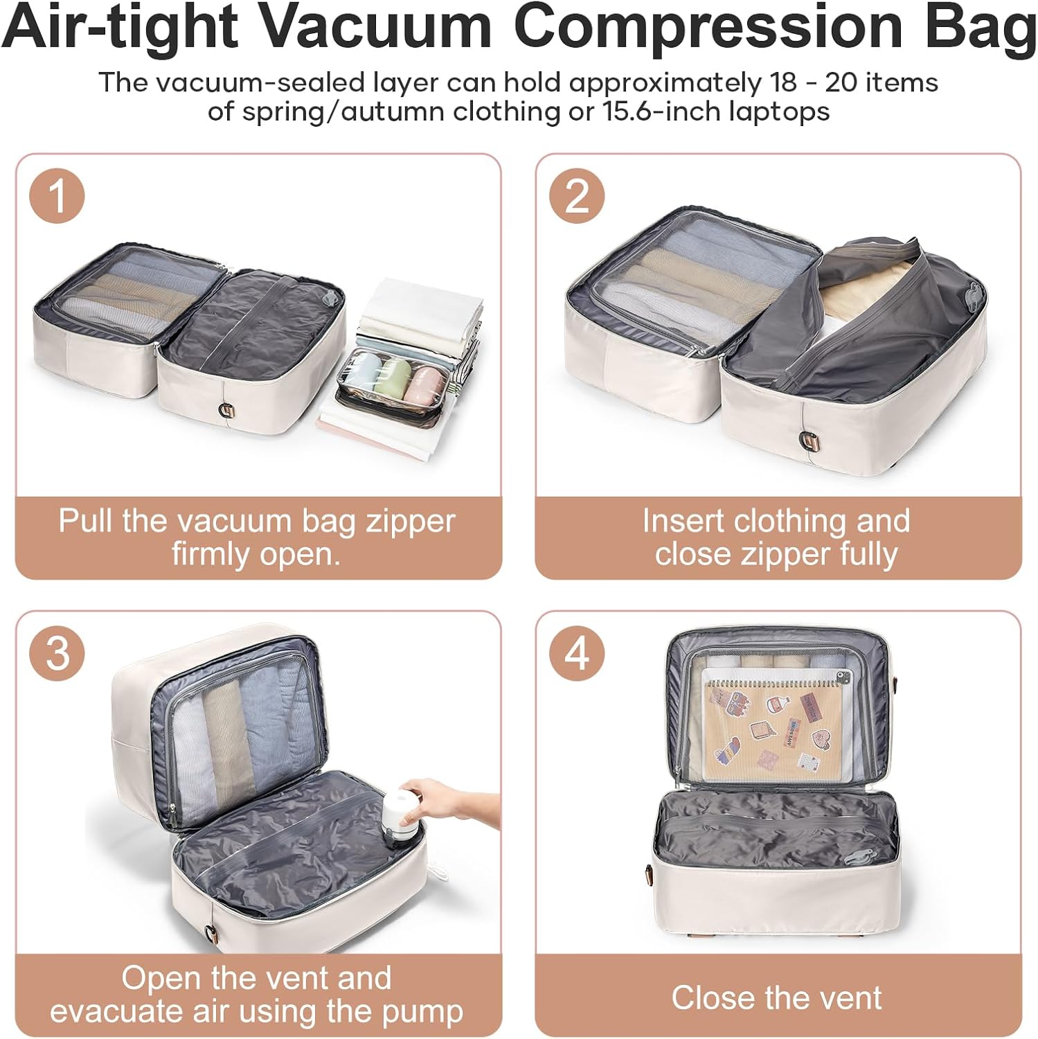 Vacuum Travel Bag for Women with Air Pump, Personal Item Carry on Bags with Seal Compression Pocket for Airlines, Weekender Overnight Bag for Women with Toiletry Bag，Beige & Brown