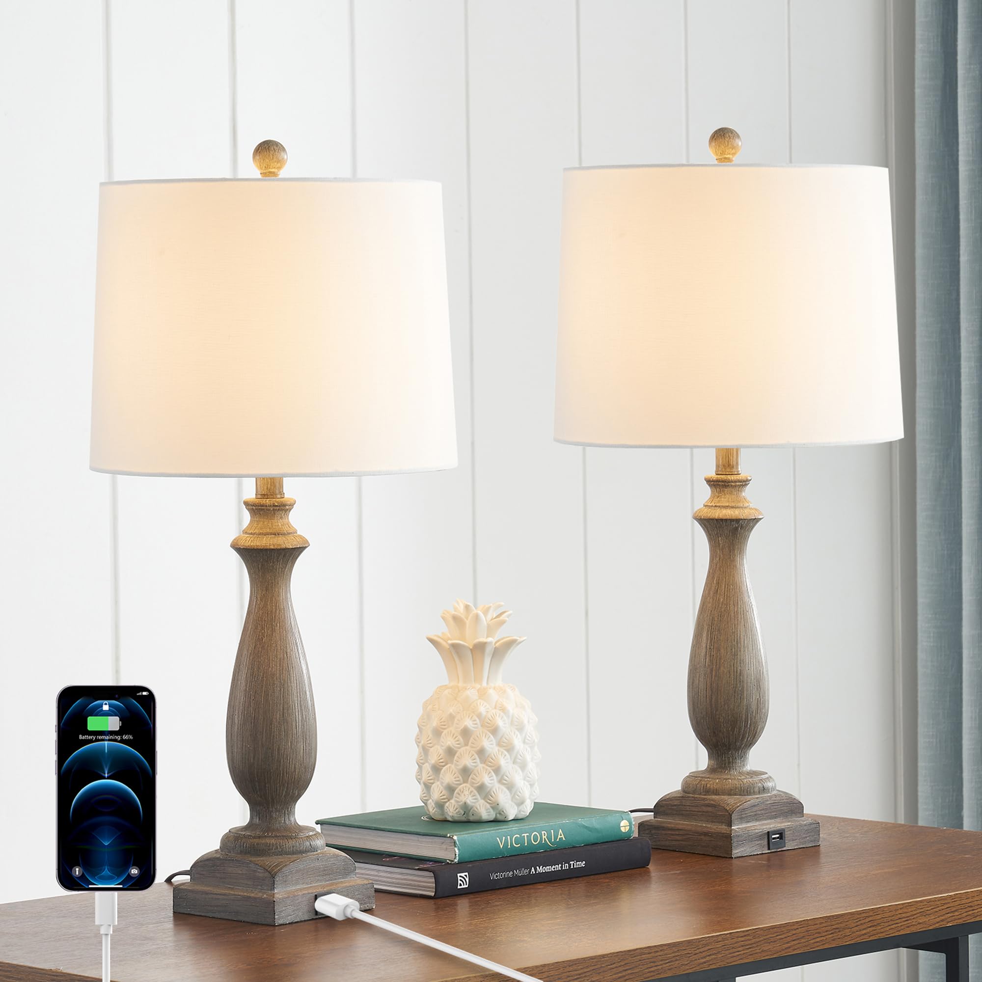 HIGHTRY 26'' Traditional Table Lamps Set of 2 with USB Charging Port, 3-Way Dimmable Rustic Farmhouse Resin Bedside Lamps for Bedroom, Vintage