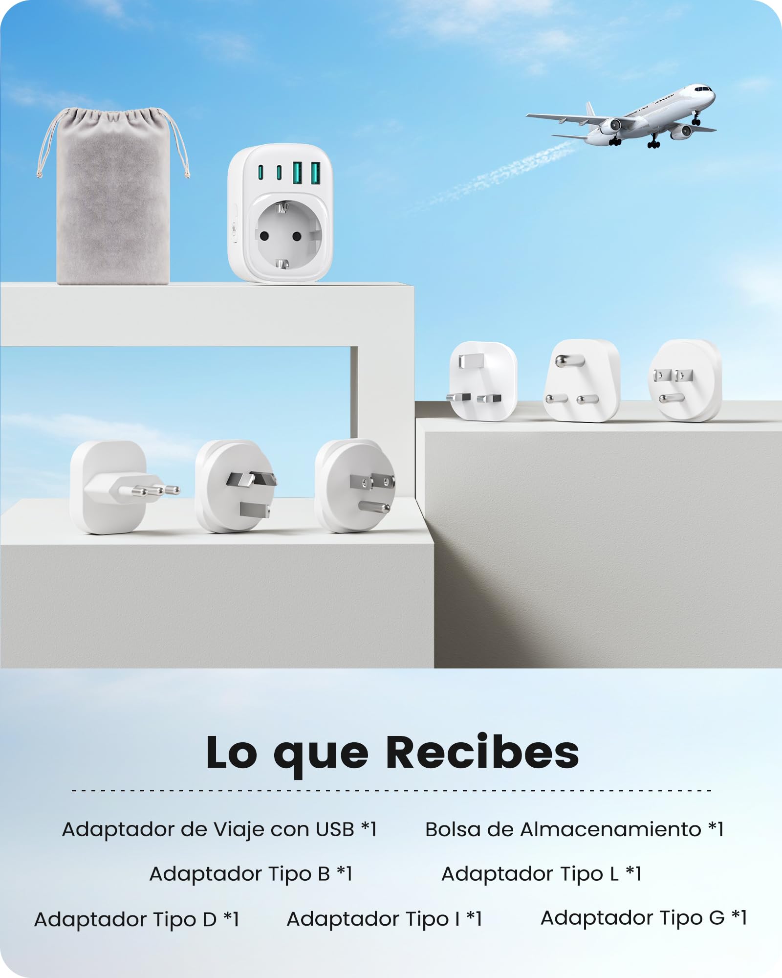 LENCENT Adaptador Enchufe Viaje Universal Tipo B, L, D, G, I,Adaptador Internacional 6 Enchufes Reemplazables para EE.UU., UK, Costa Rica, México, Tailandia, Maldivas, Sri Lanka y Australia