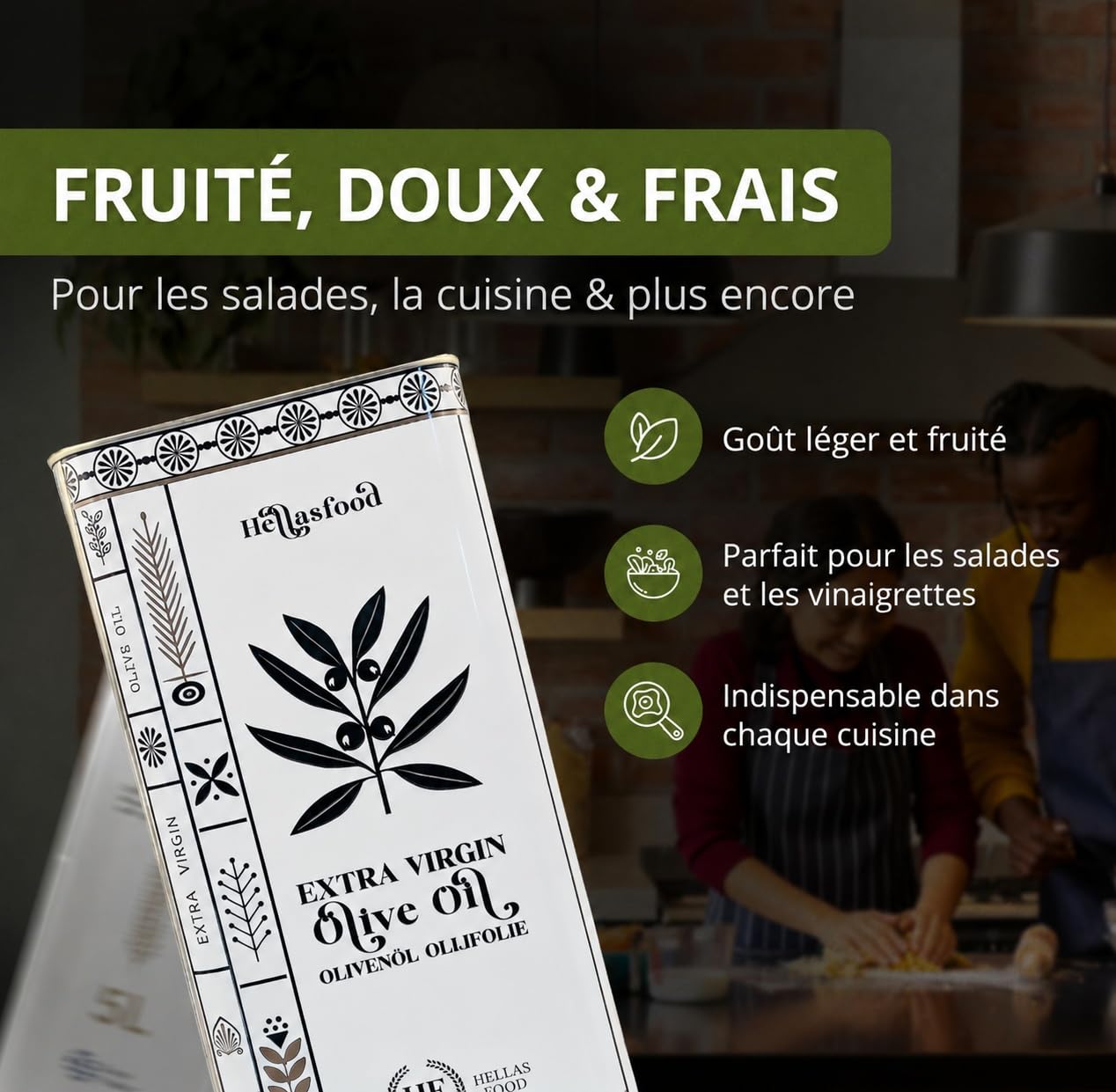 Hellas Food - Huile d’Olive 5L Extra Vierge - Pressée à Froid - Mélange Premium du Péloponnèse - Arôme Fruité - Riche en Antioxydants - Idéale pour Cuisine & Salades