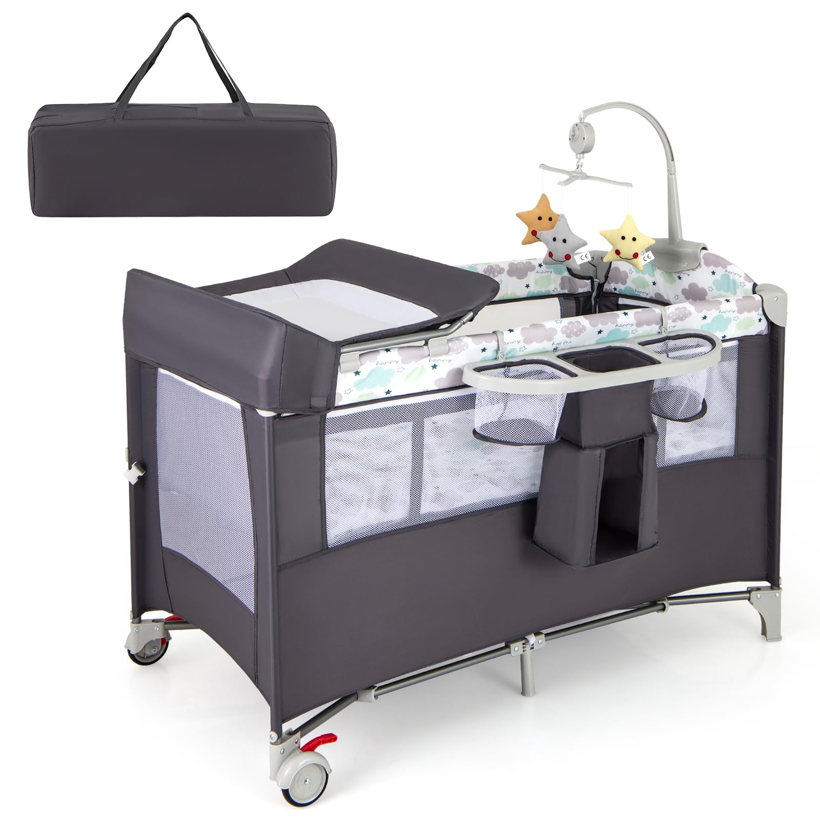 GOPLUS 5 in 1 Baby Travel Crib, Foldable Co-Sleeping Crib with Diaper Changing Mat, Toys, Music Box, Mattress and Shelf, Portable Baby Playpen with Carry Bag (Grey)