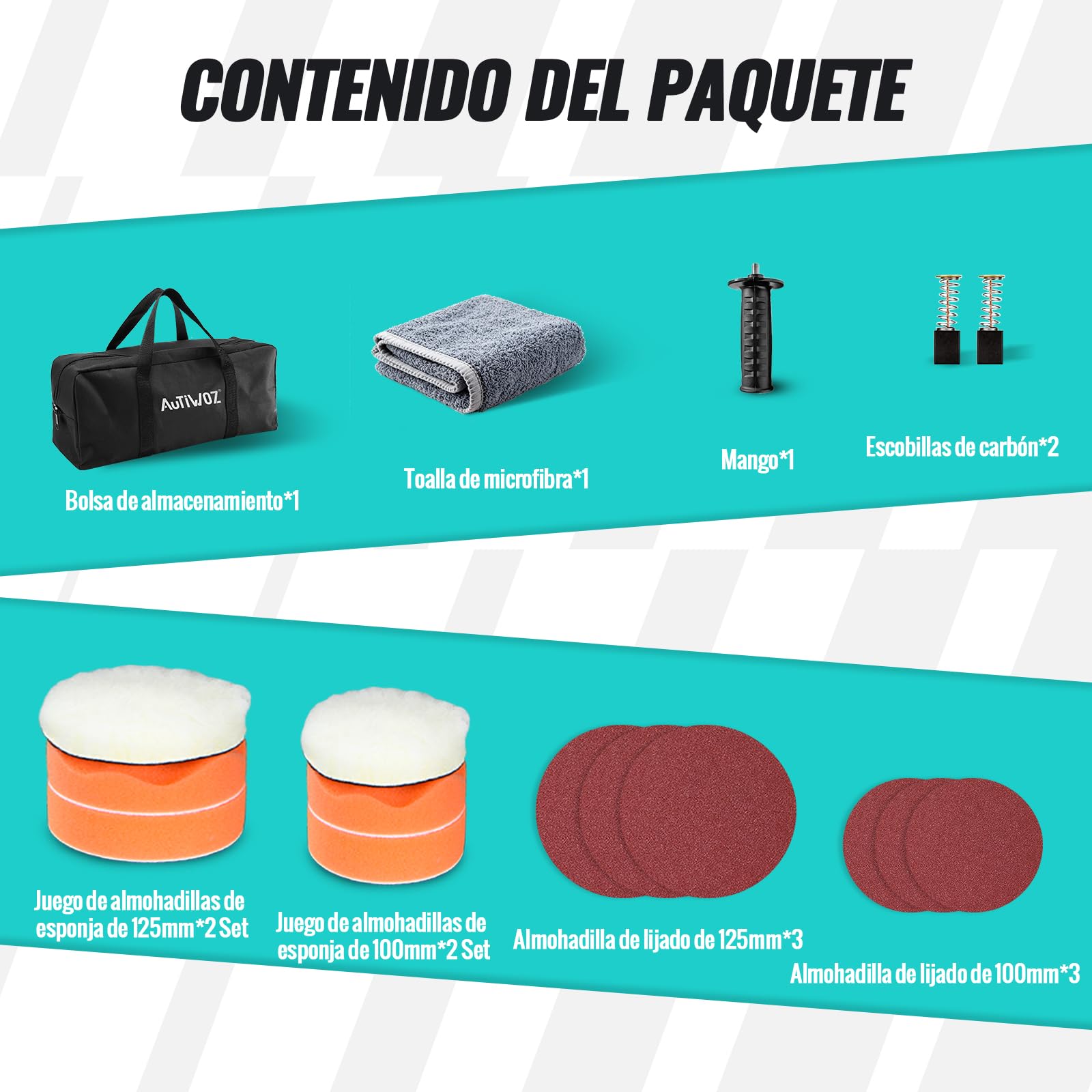 AUTIWOZ Mini Pulidora Automotriz de 630W, 6 Velocidades Variables 2500-4500 rpm, Asa Lateral, Almohadillas/Disco de Lana/Papel Abrasivo de 100mm/125mm, para Pulido de Vehículos