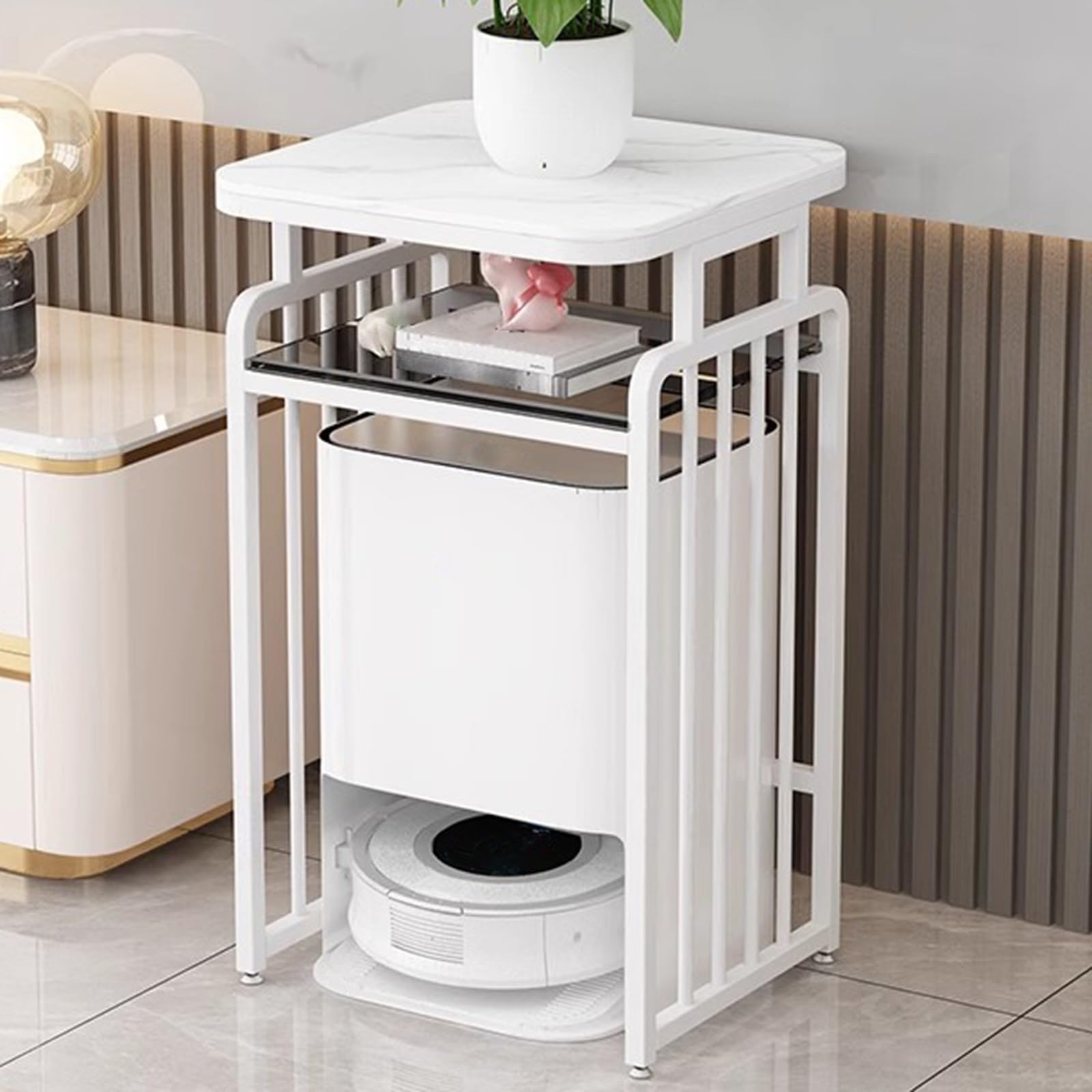 Meuble robot aspirateur blanc 2 niveaux pour un salon épuré et moderne