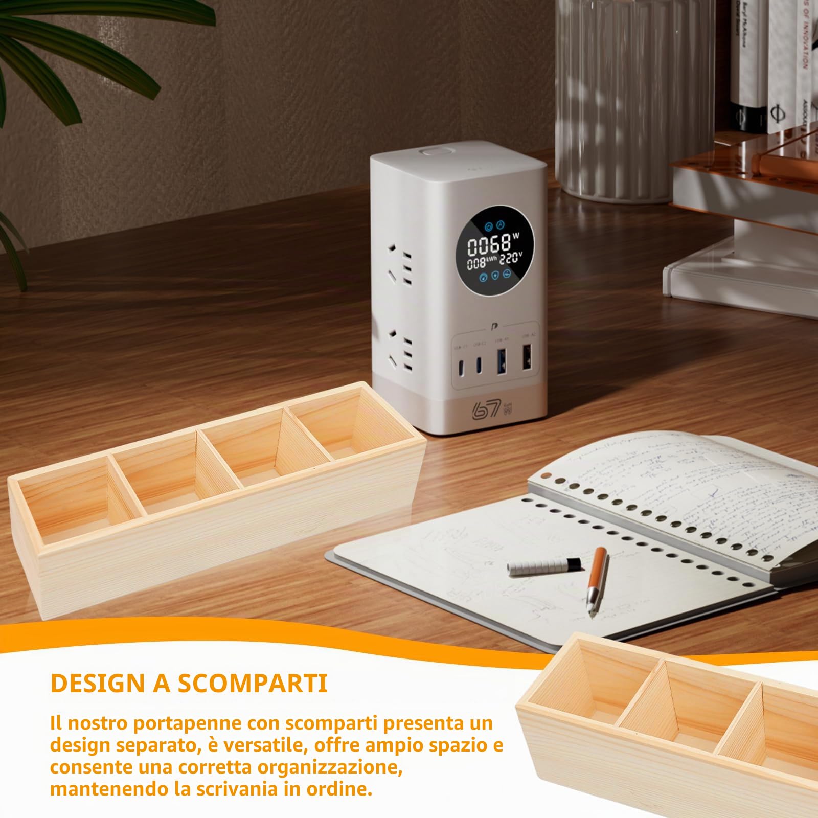 Set di 2 portapenne, quadrati, 8 scomparti, in legno naturale, per fai da te, 31 x 8,7 x 8 cm