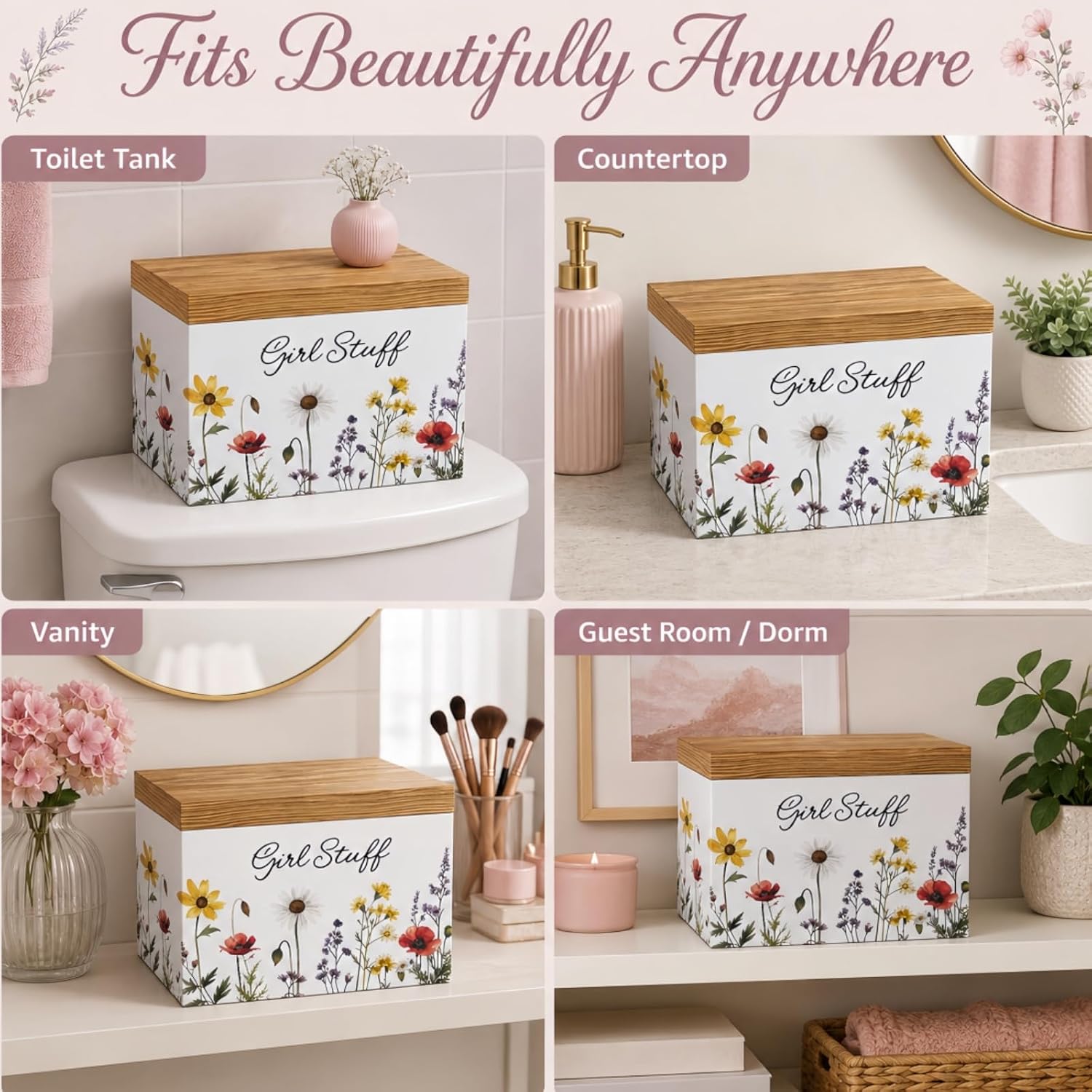 Mifoci Wildflower Tampon Holder for Bathroom, Decorative Feminine Product Organizer with Hinged Lid, Wooden Pad and Tampon Organizer Case Girl Lady Stuff Box for Bathroom Toilet Accessories