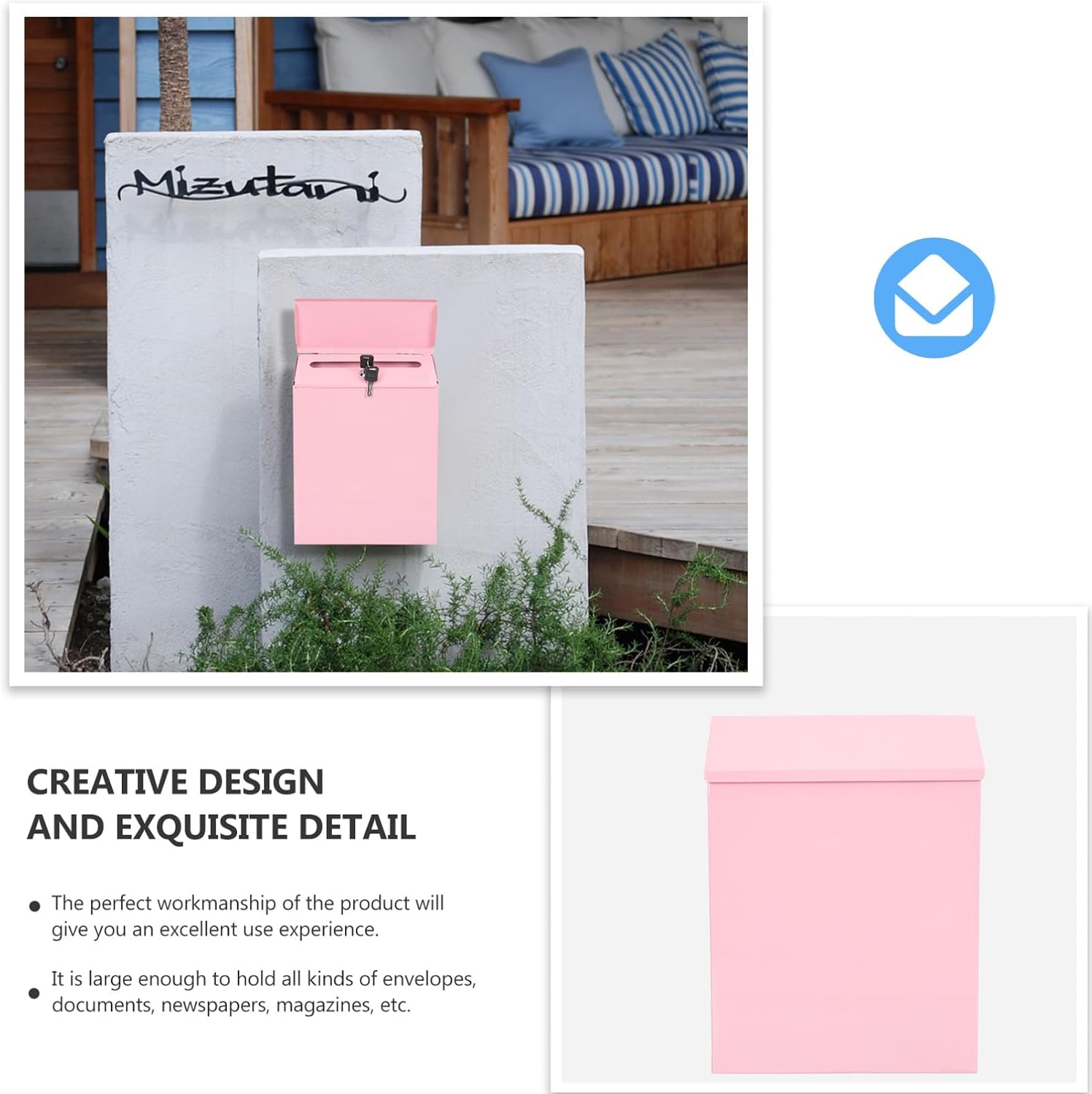 Cabilock Wall-Mounted Iron Mailbox with Lock, Multi-Function Drop Box and Convenient Suggestion Box for Home, Pink Garden Style Letter Accessory