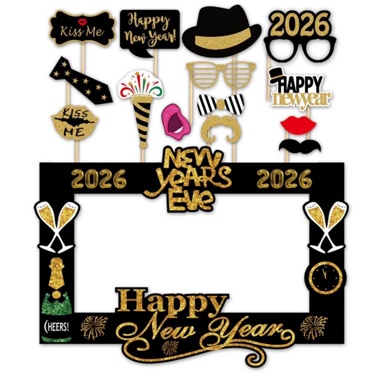 2023 Happy New Year Party Photo Booth rekwizyty materiały z papierową ramką (15 sztuk)