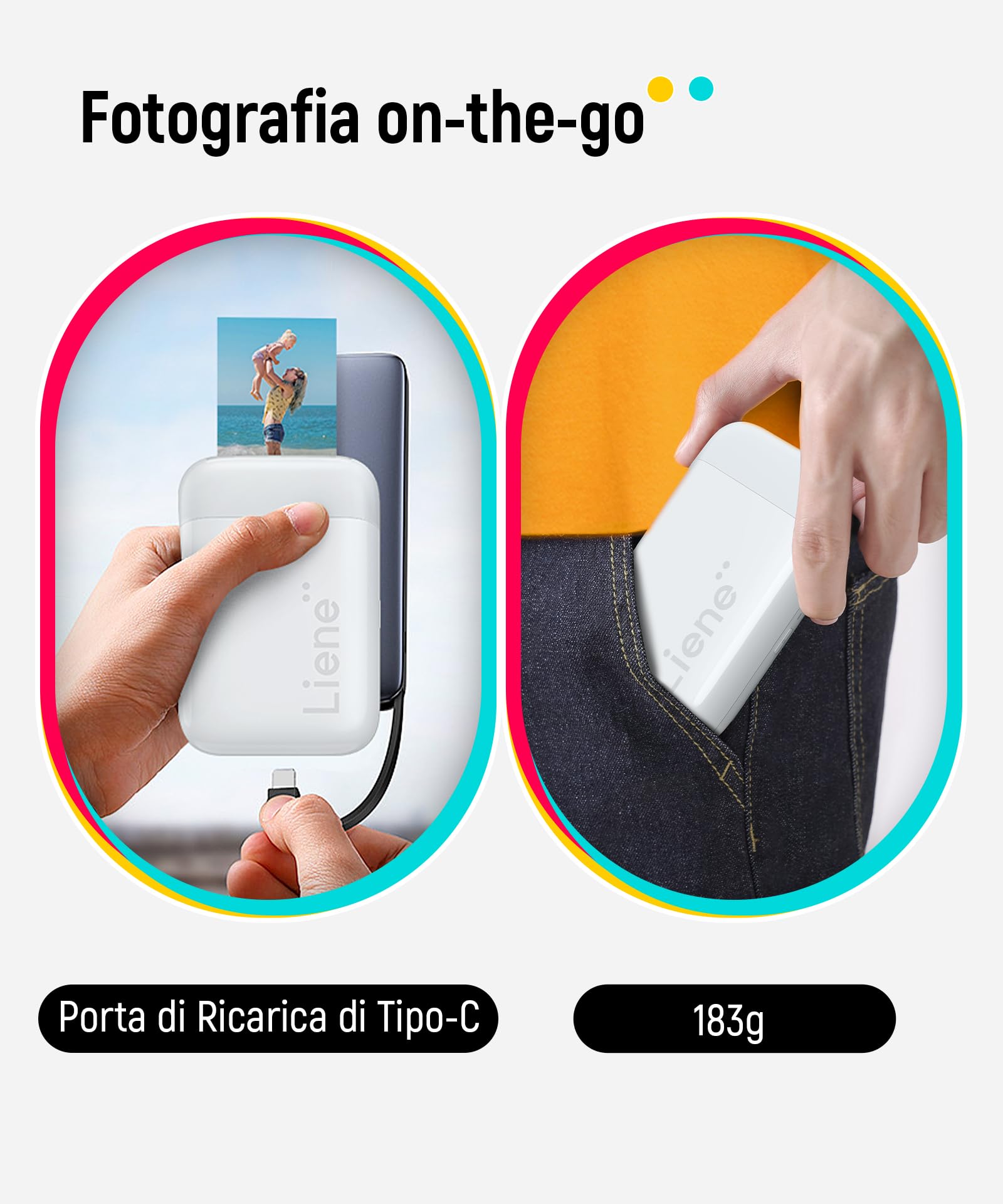 Liene Pearl K100 Stampante Fotografica, 2x3'' Mini Stampante Fotografica Istantanea con 50 Zink Carta Fotografica Adesive, Bluetooth 5.0, Compatibile con iOS&Android, Stampante Portatile