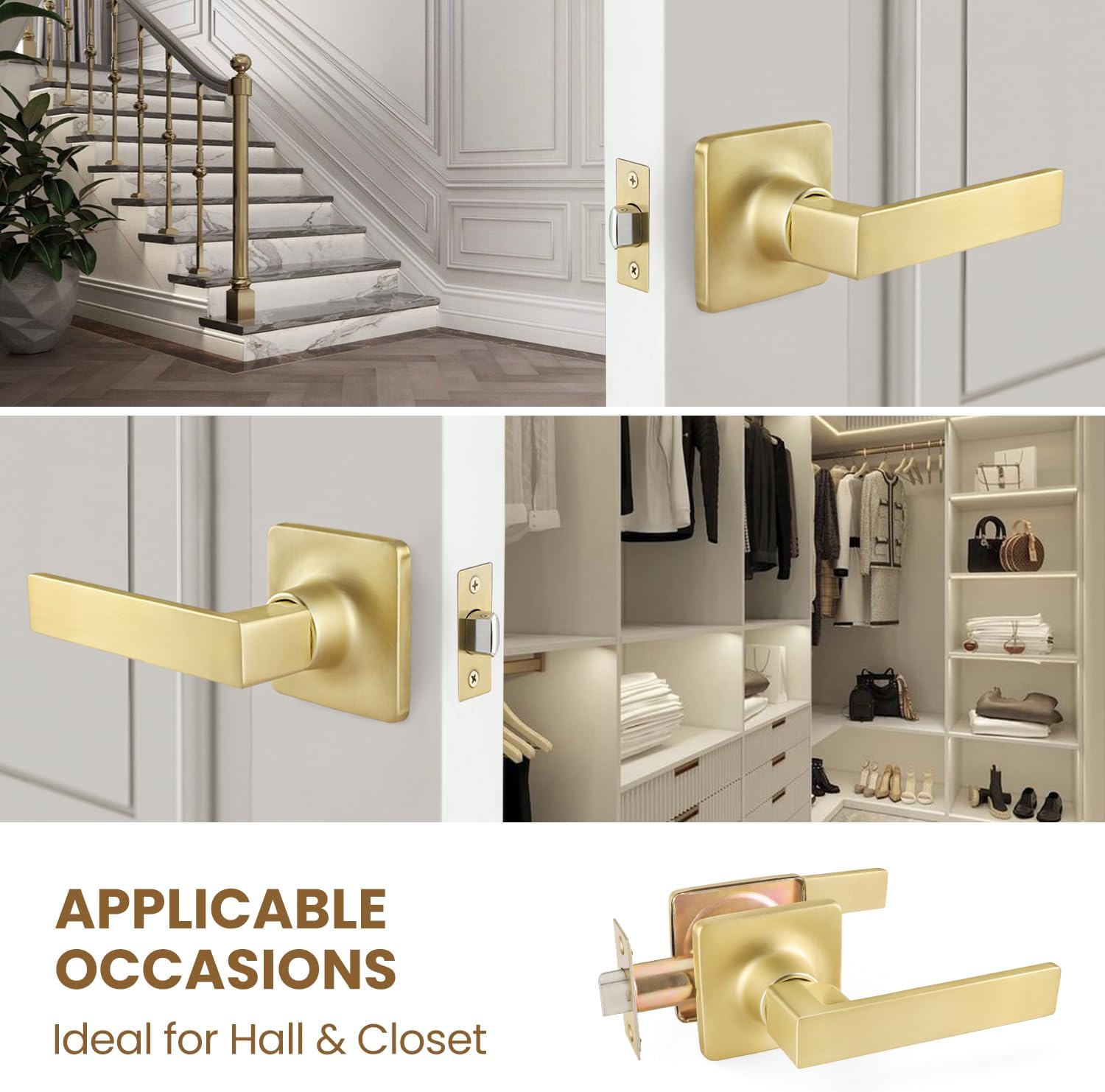 Brushed Brass Door Knobs 4 Pack, Interior Closet/Hall Door Handles, Non Locking Passage Door Levers, Gold Door Handles Without Key, for Left Right Sided Doors