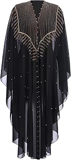 OBEEII Muslim Dress for Women Loose Batwing Sleeved Hooded Beaded Embroidery Long Abaya Dress Kaftan Abayas Islamic Robe