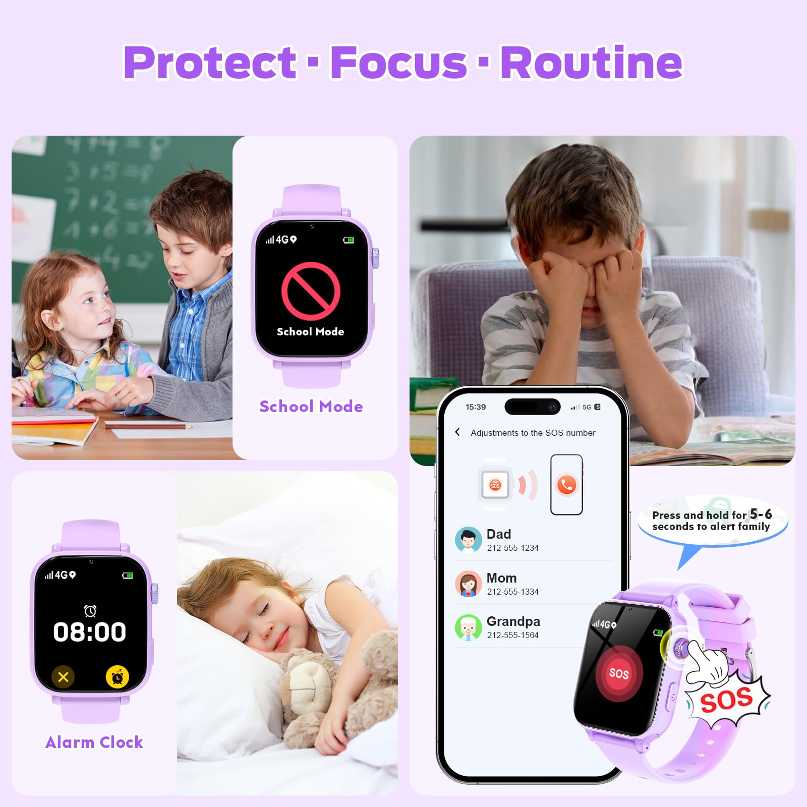 4G Reloj Inteligente Niño, Smartwatch Niños con GPS y Teléfono/Videollamadas/Chat de Voz/WiFi, SOS, Modo Escuela, Despertador, Podómetro Relojes Teléfono Regalos para Infantil 4-12, Lila Claro