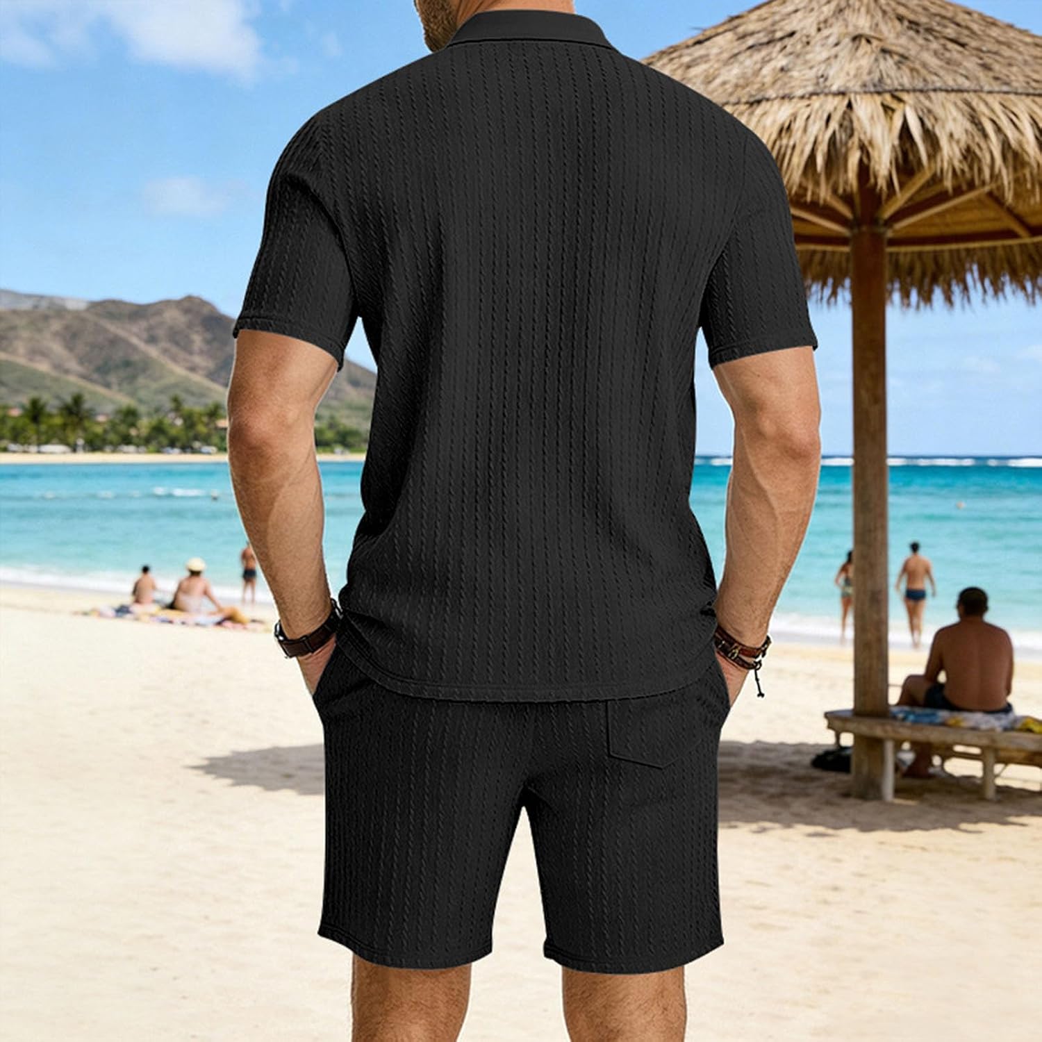 Cambkatl Jacquard 2 Piece Outfits for Men Half Zip Short Sleeve Lapel Golf Shirt Business Casual Matching Sets with Pockets