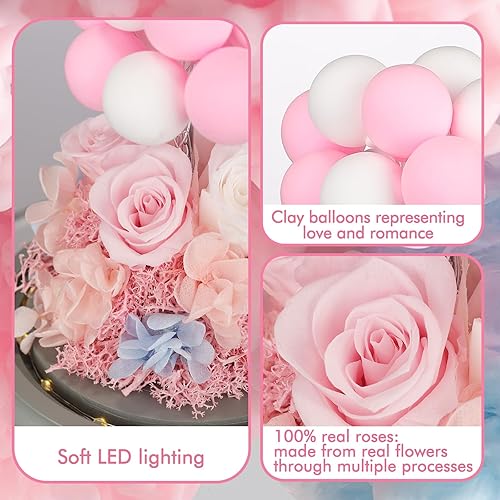 Miniatura 2 de Rosa 100% real en cúpula de cristal, flores preservadas con luz LED, flor eterna con decoración de globos de arcilla, para cumpleaños, aniversario,