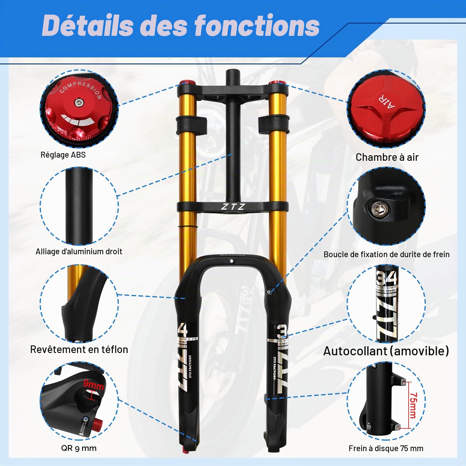 Fourche de Suspension pour vélo de Montagne 20"/26" 4.0 pour VTT Air Double épaule Descente Amortisseur de Rappel VTT QR/AM