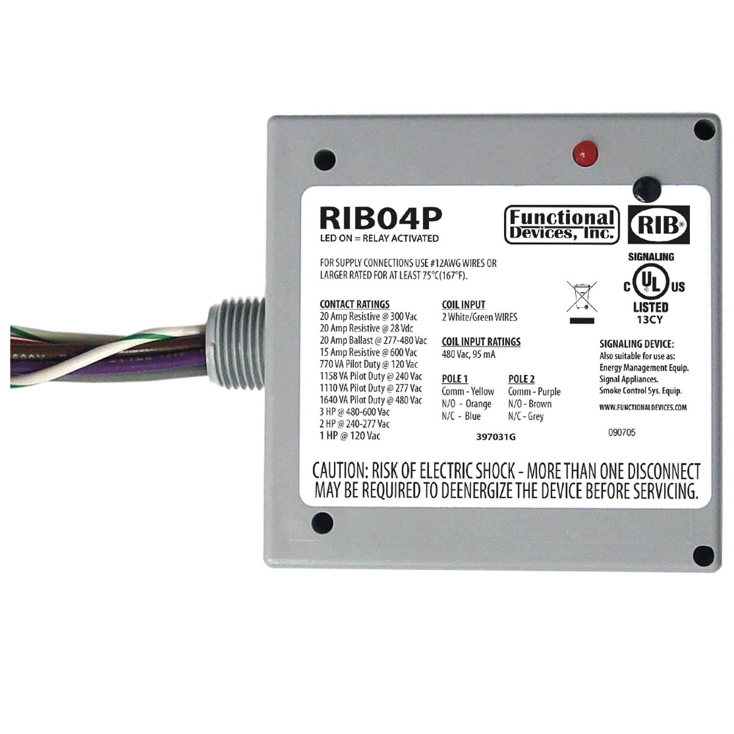 Functional Devices RIB04P Power Relay, 20 Amp DPDT, 480 Vac Coil, NEMA 1 Housing