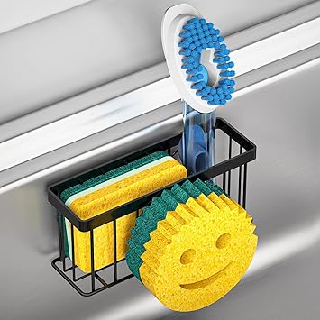 MURLONG Sponge Holder Smiley Face, Sink Caddy for kitchen Sink, Kitchen Organizer Sponge Holder with 2 PCS Suction Cups/1 PCS Adhesive Strips, Designed for Sponge, Soap, Dish brush, Scrubber-Black