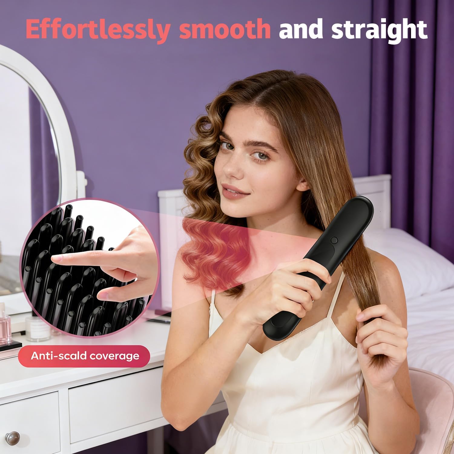 Cordless Hair Straightener Brush Pro, 2026 Upgraded Portable Hair Straightener, Type-C Fast Charging MCH Heating with 3 Temperature Settings, Ionic & Ceramic Care, Travel Styling Tool (Black)
