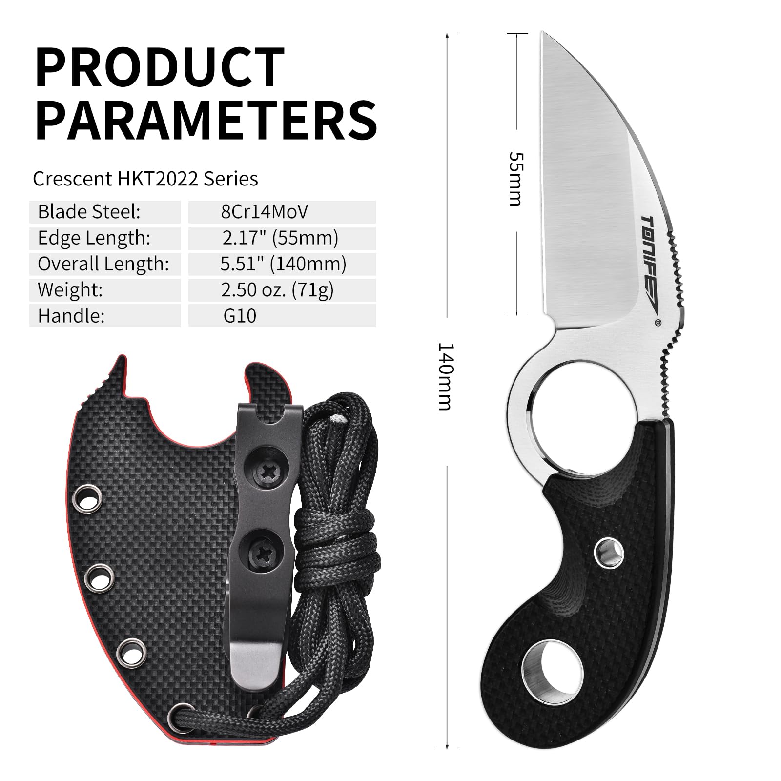TONIFE Crescent Cuchillo de Cuello Cuchillo al Aire Libre de Hoja Fija 8Cr14MoV Acero con Funda de Cordón y el Clip de Full Tang Cuchillo de Supervivencia (Negro+Satén)