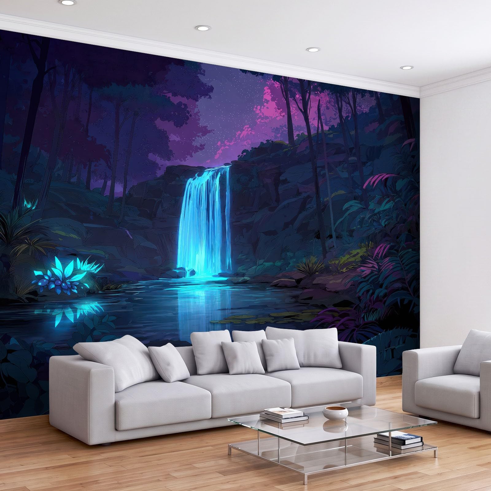 500 x 280 cm, fototapeta z włókniny, bajeczny widok nocny, wodospad, las, fototapeta, do salonu, tapeta na flizelinie, efekt 3D, tapeta z włókniny, odporna na promieniowanie UV, tapeta ścienna