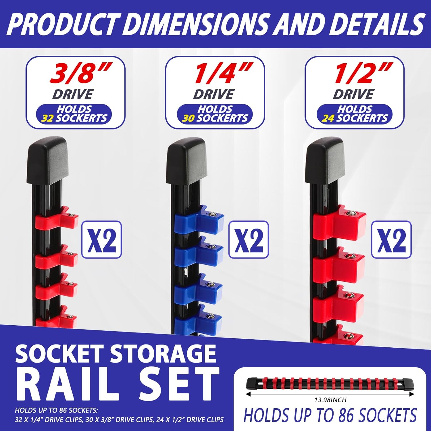 FairySandy 10 Pack Magnetic Socket Organizer and Magnetic Wrench Organizer Set Socket Holder Tray for 1/4 3/8 1/2 Drive Sae & Metric Ratchet and Wrench Holder for Garage Tool Storage