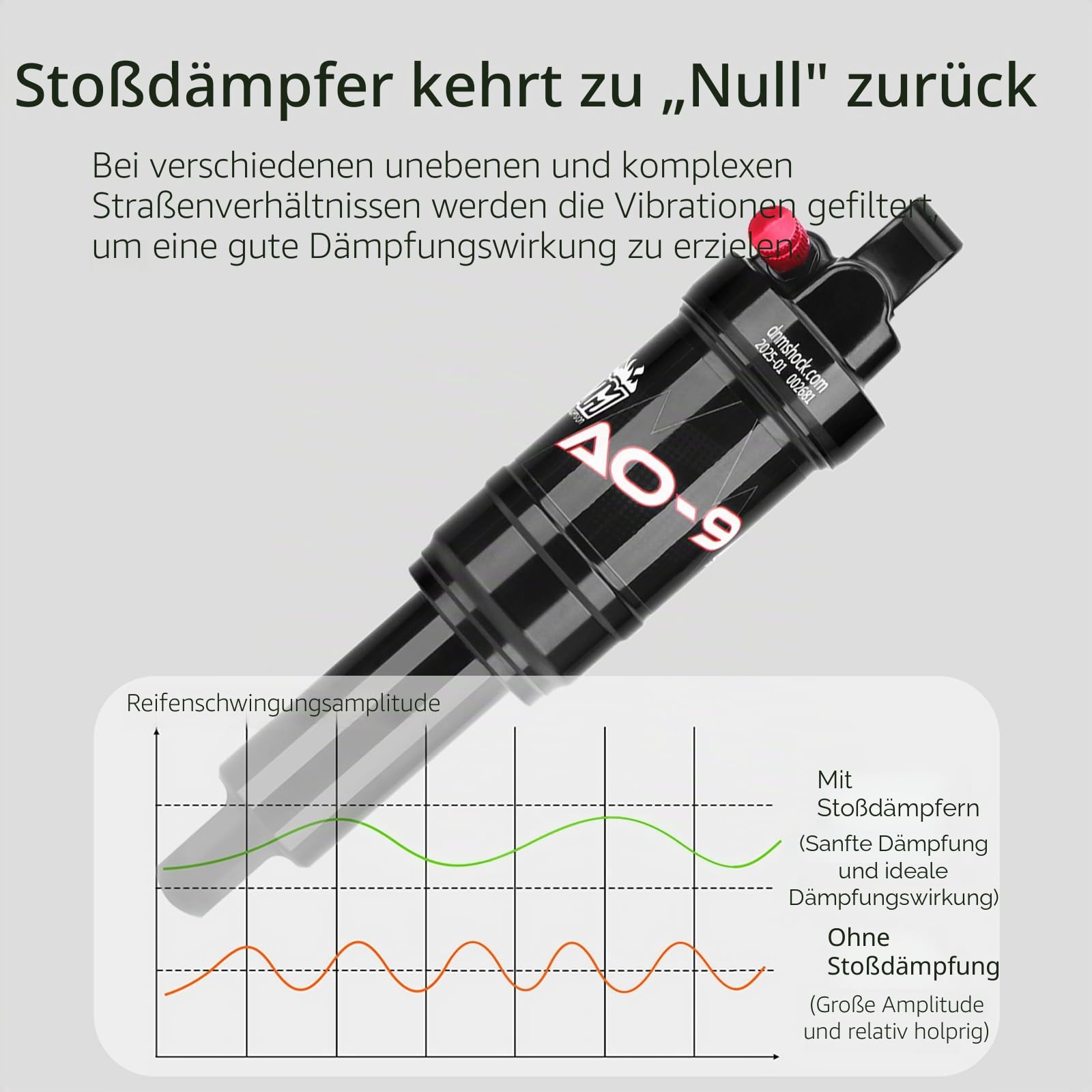 DNM AO-9 Luftfederungs-Stoßdämpfer, 65/56/41 mm Reise, 150–275 PSI verstellbar, leichte Aluminiumlegierung, MTB-Federung für 210/190/165 mm, wasserdicht und staubdicht (AO9-190 x 56 mm)