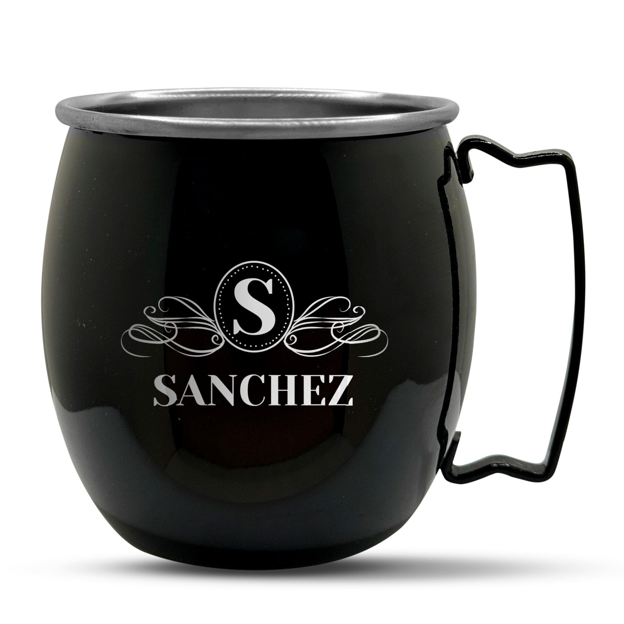 Personalized Custom Smooth Finish Black Moscow Mule Mugs with Ribbon Initial Family Name Monogram Engraved Bar Style Cup, 16 oz | Single