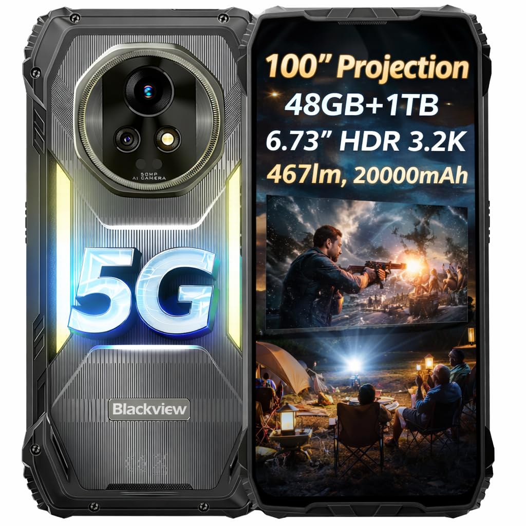 5G IA Proyector Smartphone Resistente Blackview XPLORE 2, 48GB+1TB, Proyección 100'', 6.73'' 3.2K HDR Pantalla, 467lm Luces de Camping, Visión Nocturna 50MP, Batería 20000mAh, IP68 Teléfono Irrompible