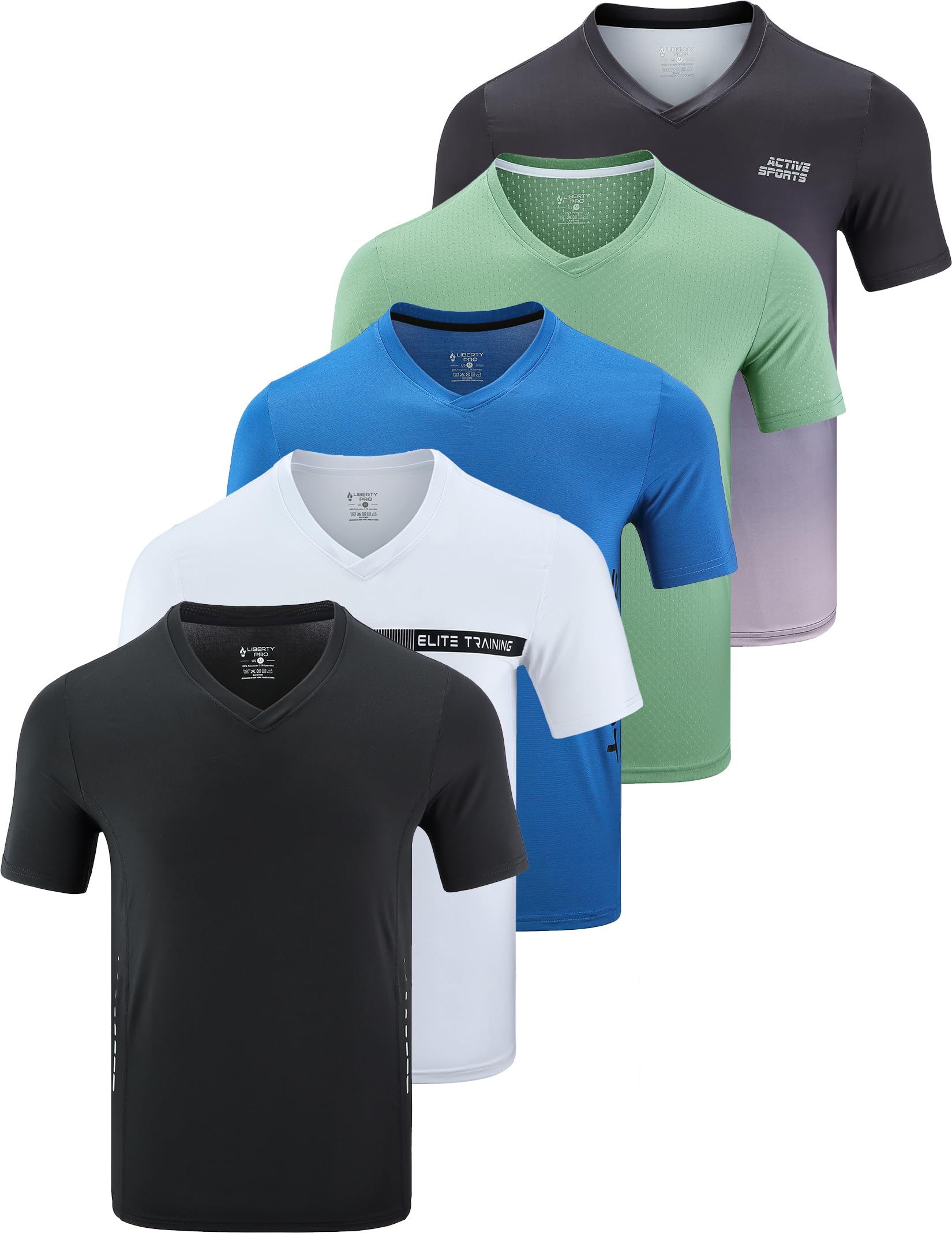 5 Pack Mens V-Neck Dry Fit T-Shirts, Active Athletic Short Sleeve Workout Tops, Performance Gym Tees (Available in Plus Size)