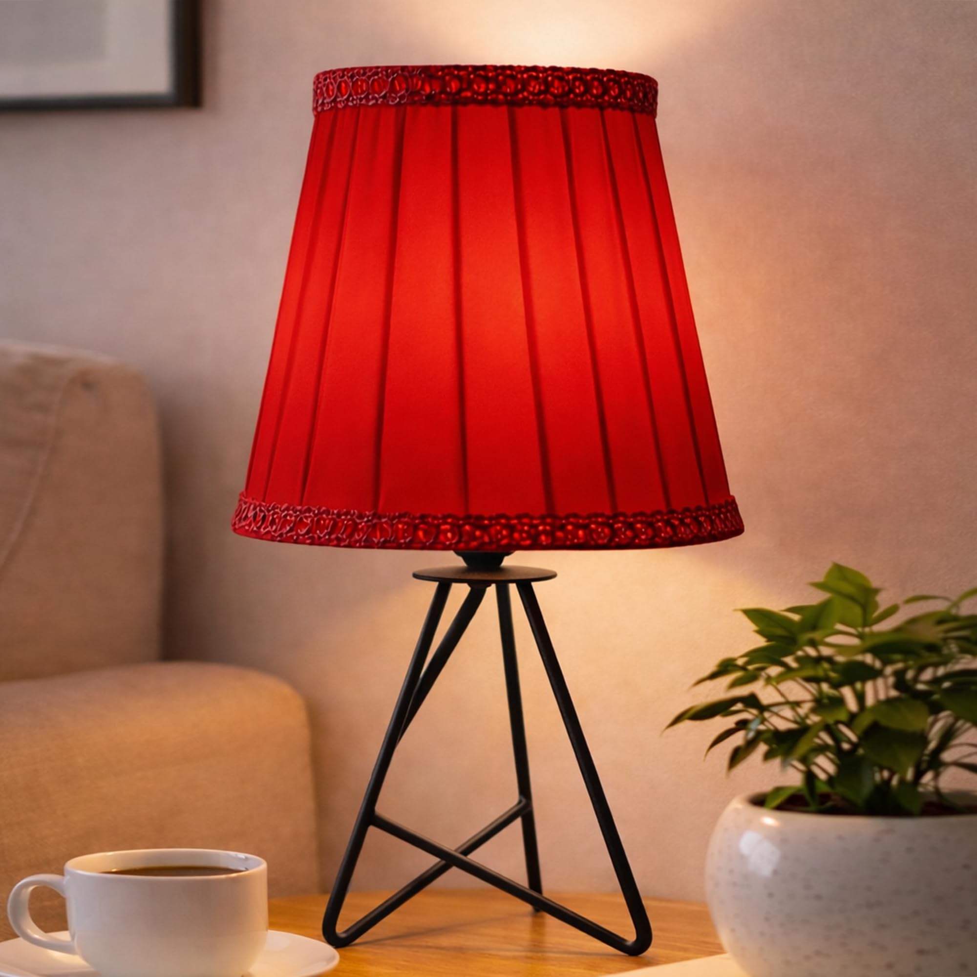 Decorative Table Lamp with Pleated Fabric Shade | Bedside Night Lamp for Bedroom Living Room | Modern Tripod Metal Table Light for Home Décor & Gifting Black (Red)-image-33