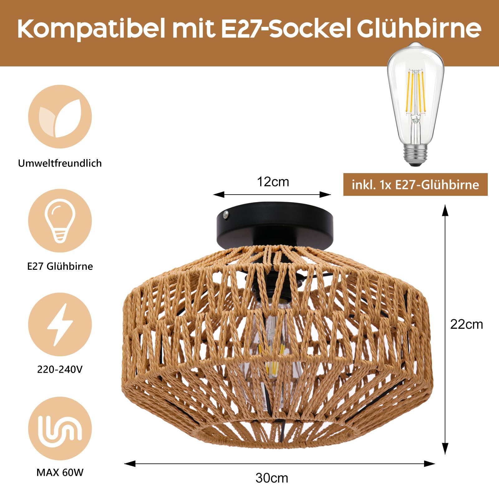 AmazeFun Boho Deckenleuchte Style mit Rattan Lampenschirm - Ø30cm Rattan Deckenlampe Wohnzimmer, E27 Vintage Deckenlampe, Rustikal Deckenleuchte Schlafzimmer, Boho Korb Lampe Für Esszimmer Küche Flur