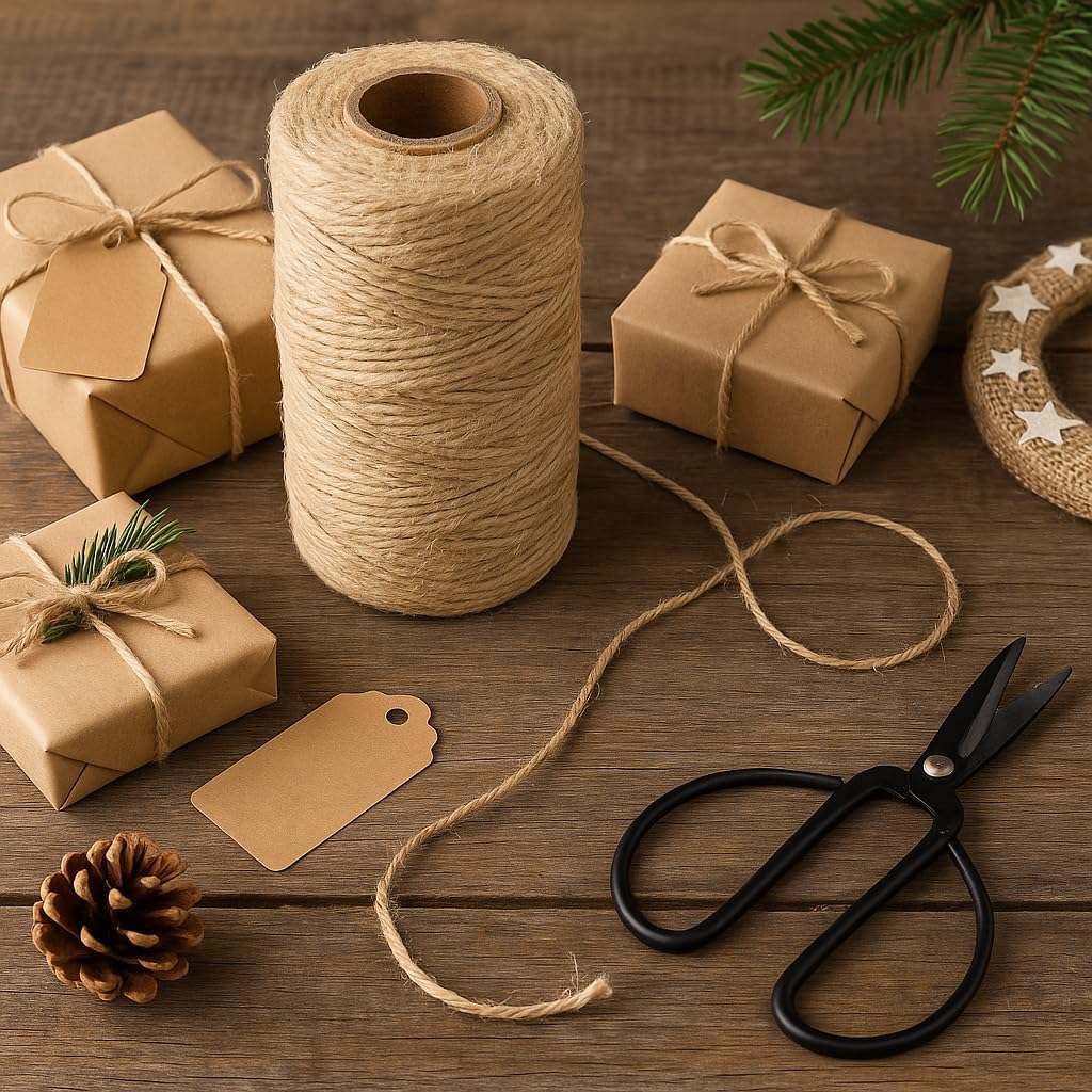 656Ft Natural Jute Twine, 1.5mm Thin Craft String for Gift Wrapping, DIY Crafts, Gardening, Party and Wedding Use