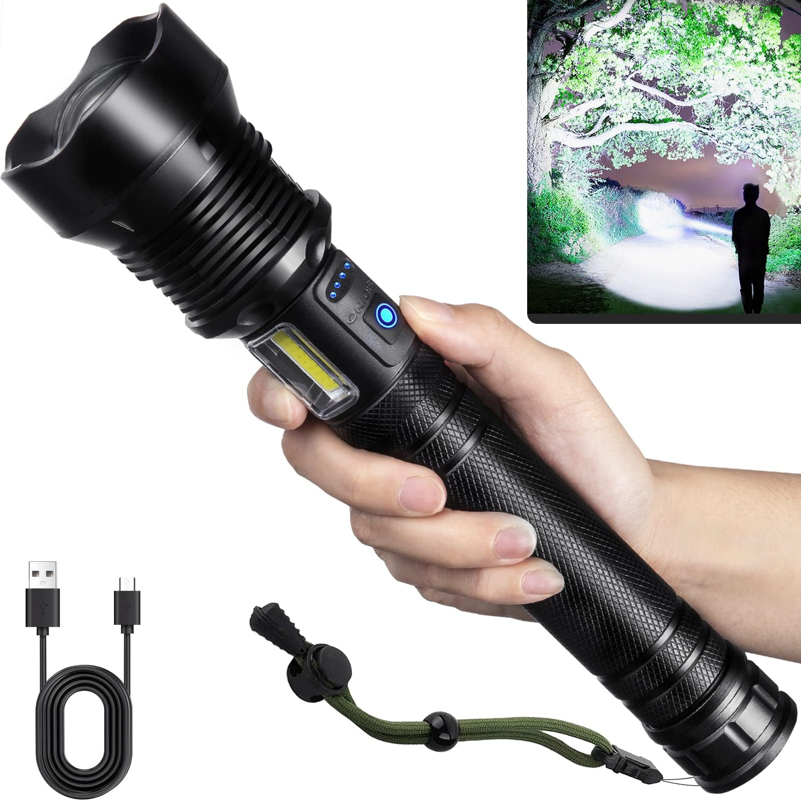 Flashlights High Lumens Rechargeable, Super Bright 990000 Lumens Flashlights with USB Cable, Brightest LED Flashlight for Emergencies, High Powered Flash Light IPX6 Waterproof 7 Light Modes Zoomable