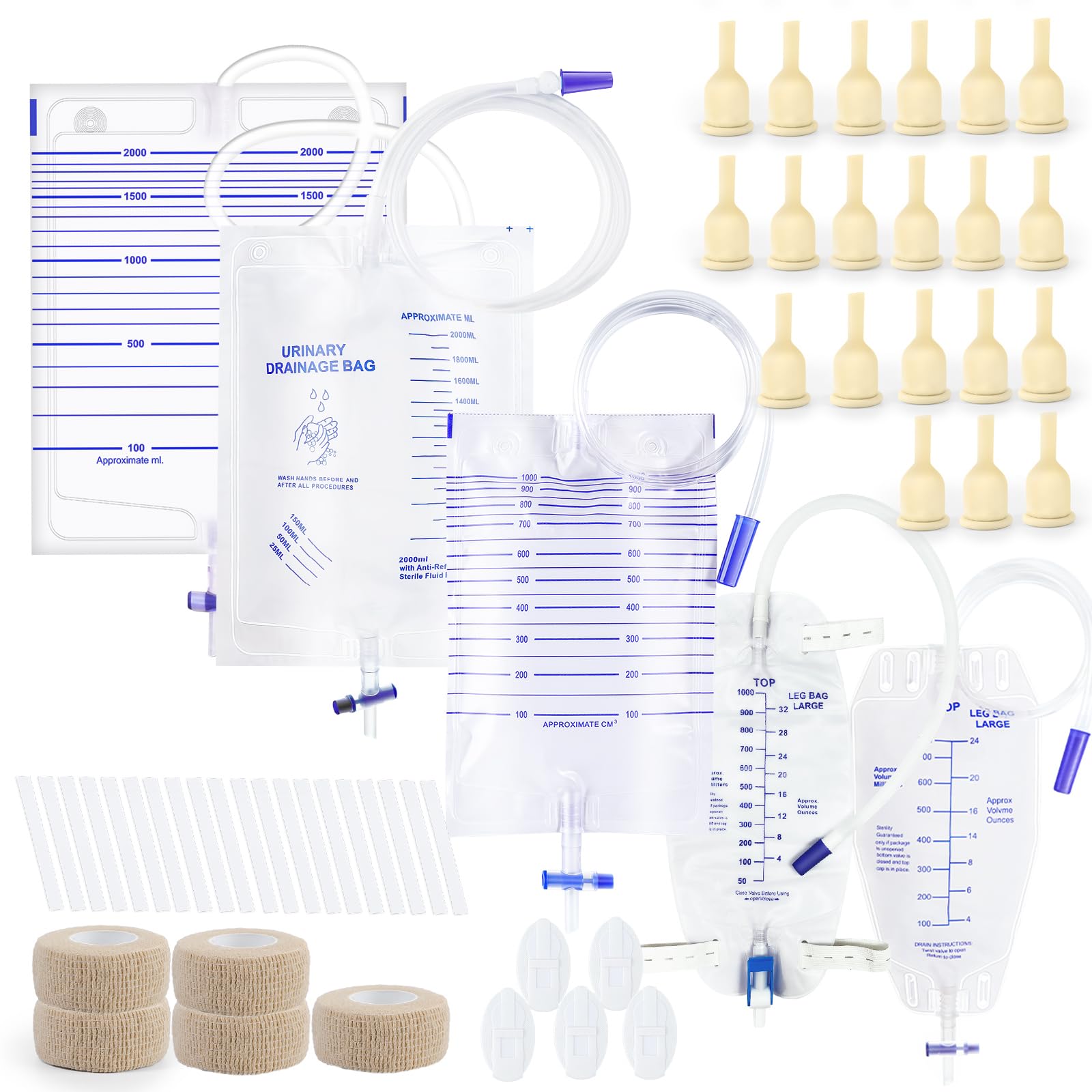 20 Latex Catheters(40mm) + 5 Self-Adhesive Wraps + 5 Stabilization Devices + 2×2000ml Urine Bags + 1×1000ml Urine Bag + 1×1000ml Leg Bag + 1×750ml Leg Bag